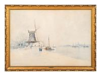 Windmill near a river with figures in the snow