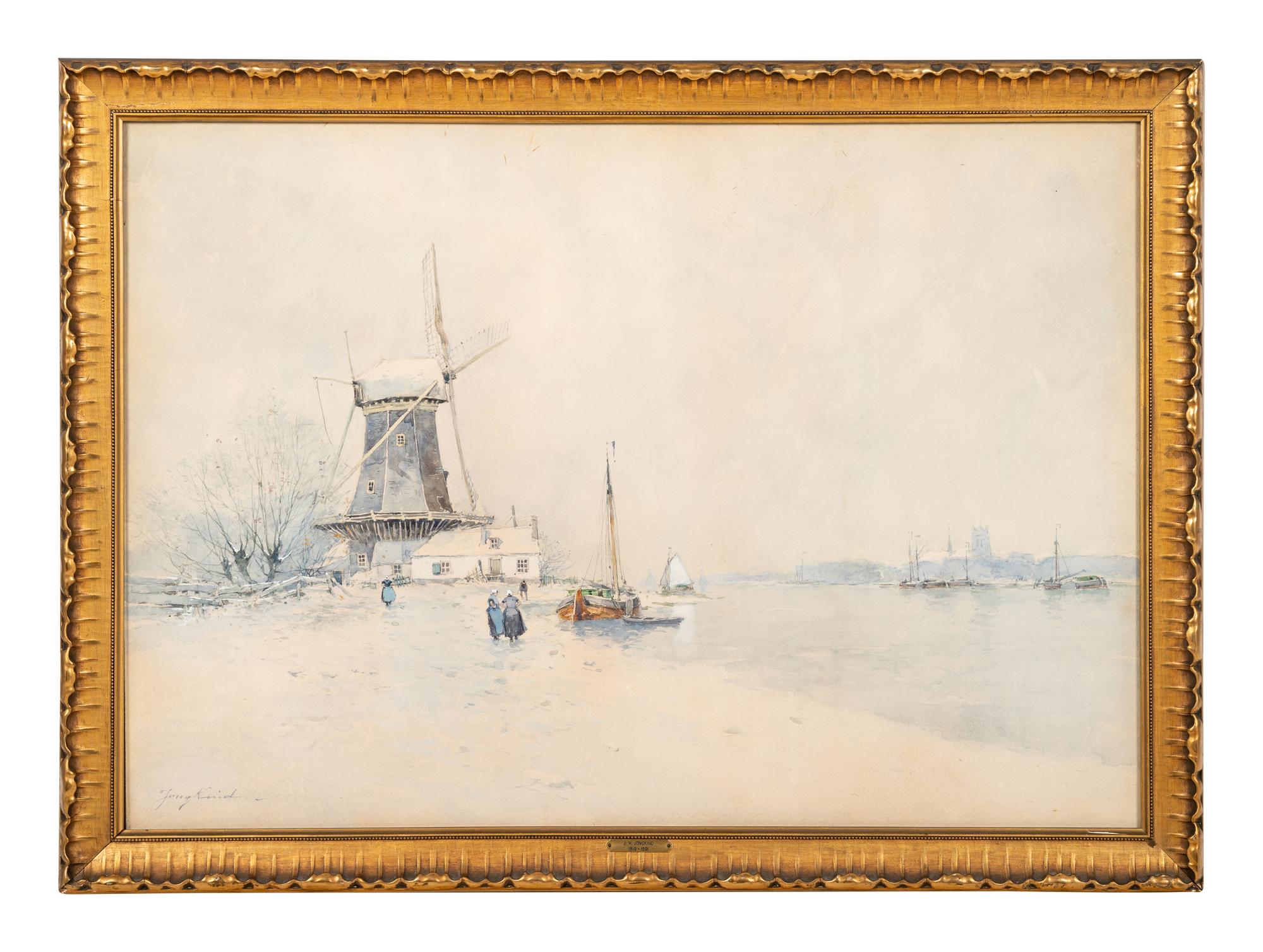 Windmill near a river with figures in the snow