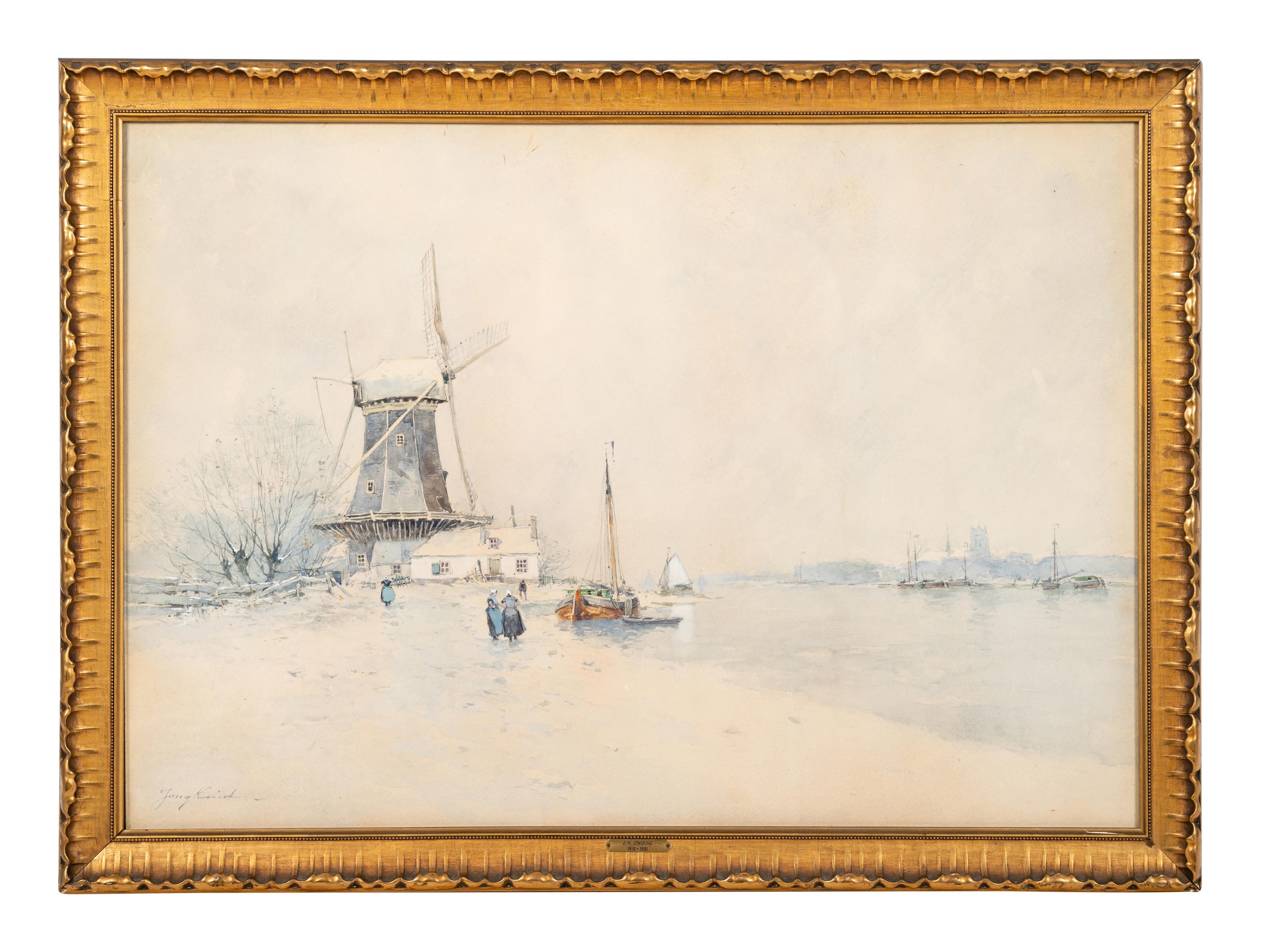 Windmill near a river with figures in the snow