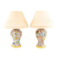 A Pair of Continental Pale "Decalcomania" Pink-Ground Glass Baluster-Form Vases Mounted as Lamps