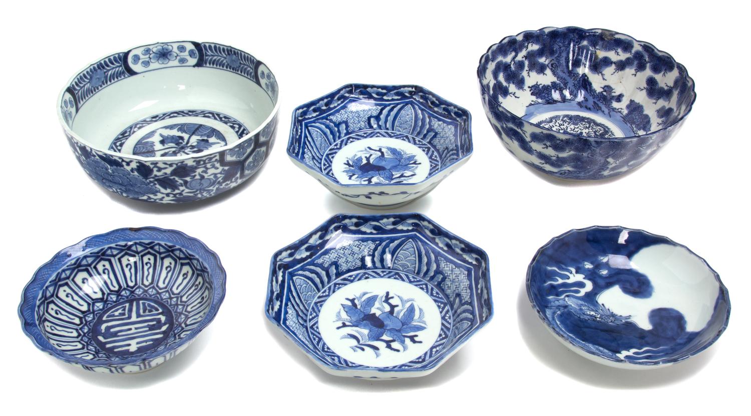 Six Associated Chinese Blue and White Porcelain Bowls. Diameter of largest 9 1/2 inches.
