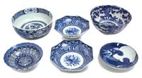 Six Associated Chinese Blue and White Porcelain Bowls. Diameter of largest 9 1/2 inches.