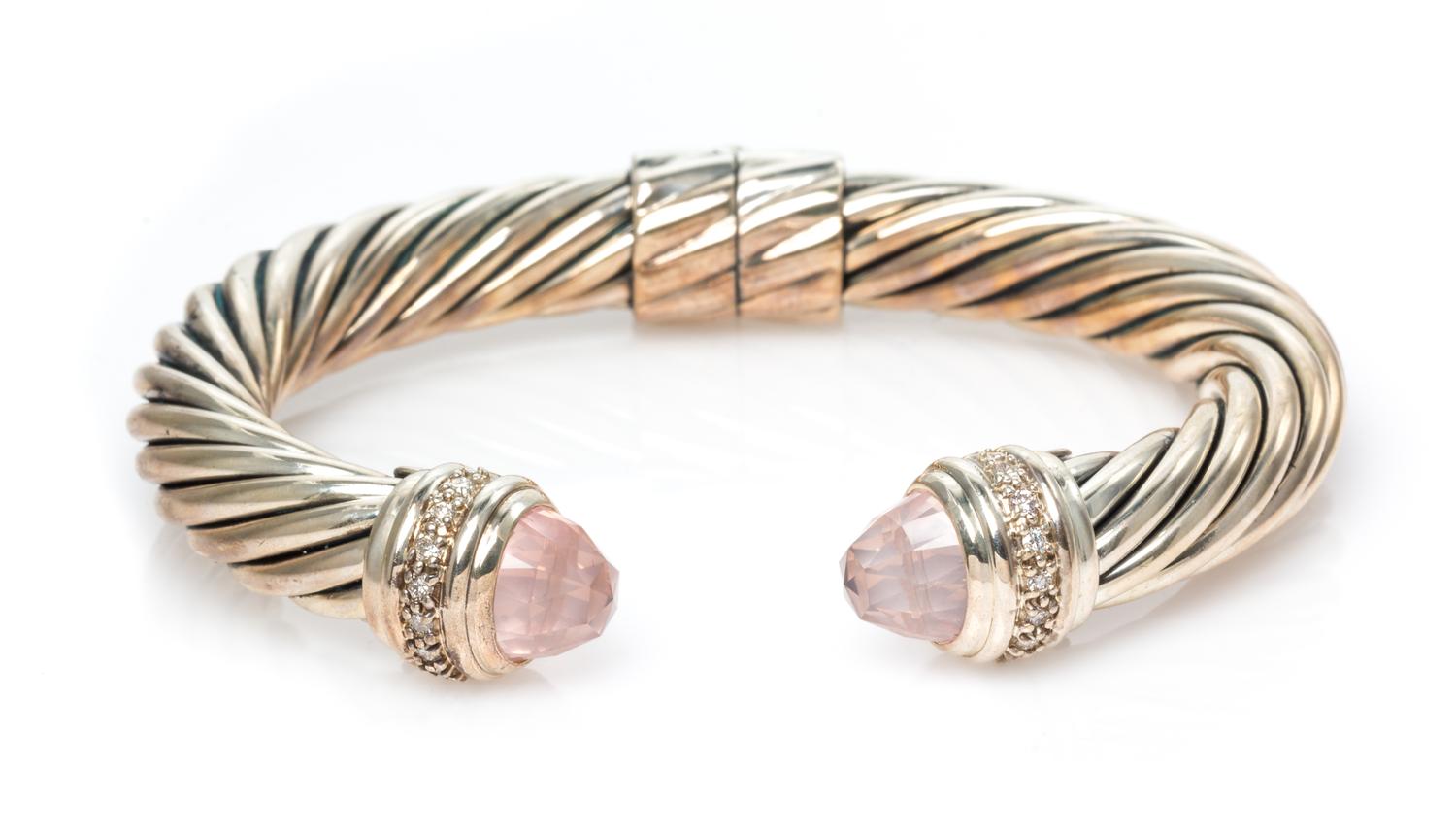 A Sterling Silver, Rose Quartz and Diamond 'Cable Classic' Bracelet, David Yurman, 29.10 dwts.