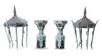 A Pair of Patinated Cast Metal Lanterns Height 53 inches.