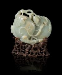 A Finely Carved Pale Celadon Jade Melon Group Width 6 inches. — 18TH CENTURY