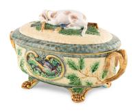 A Minton Majolica "Gun Dog" Game Pie Dish and Cover