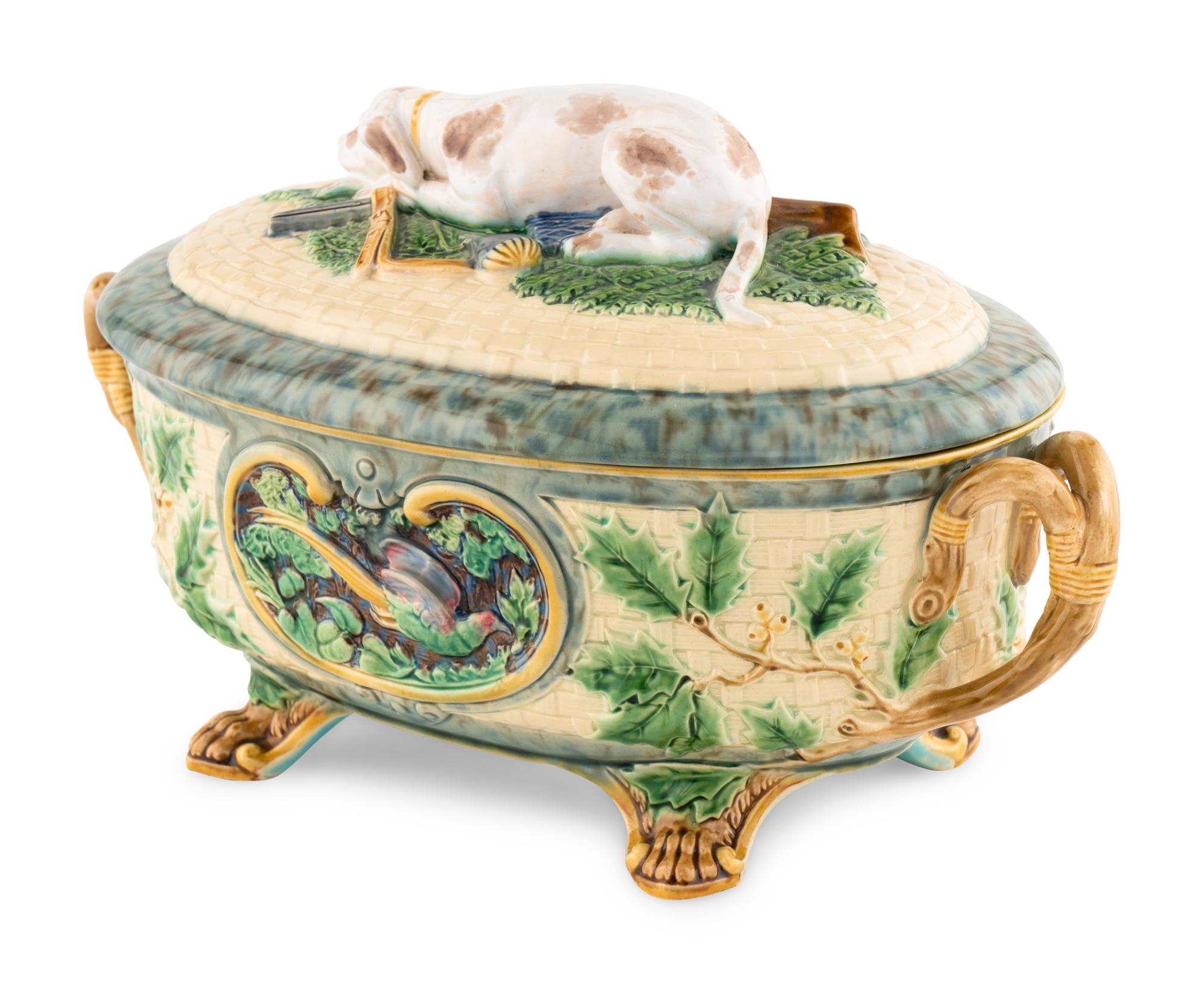 A Minton Majolica "Gun Dog" Game Pie Dish and Cover