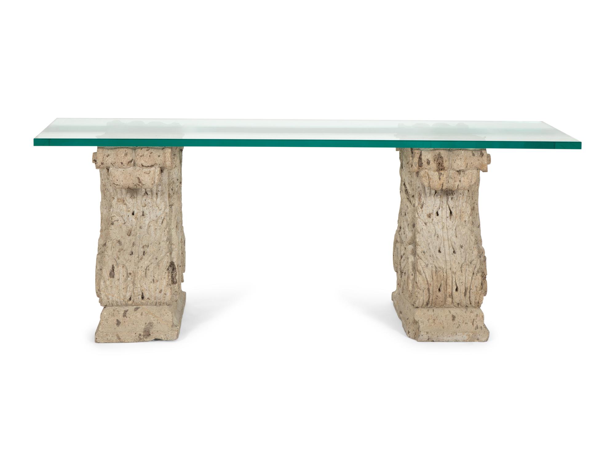 A Pair of Cast Stone Corbels Converted to a Glass-Top Console Table