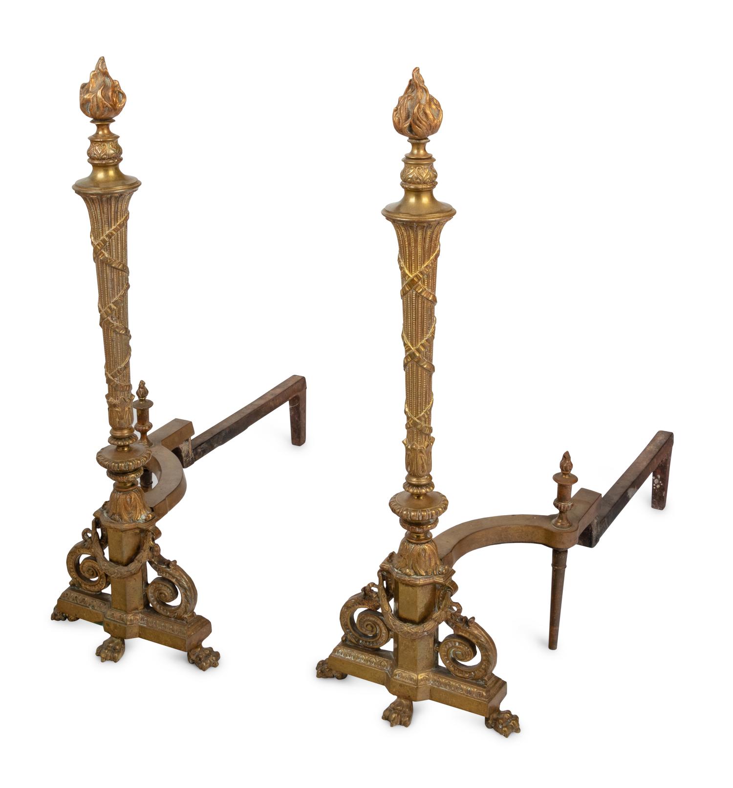 A Pair of Napoleon III Style Brass Andirons