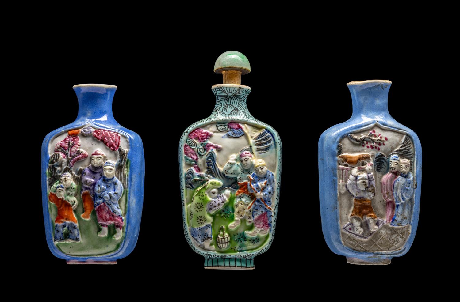 RELEASED TO MUSEUM - Three Chinese Famille Rose Molded Porcelain Snuff Bottles