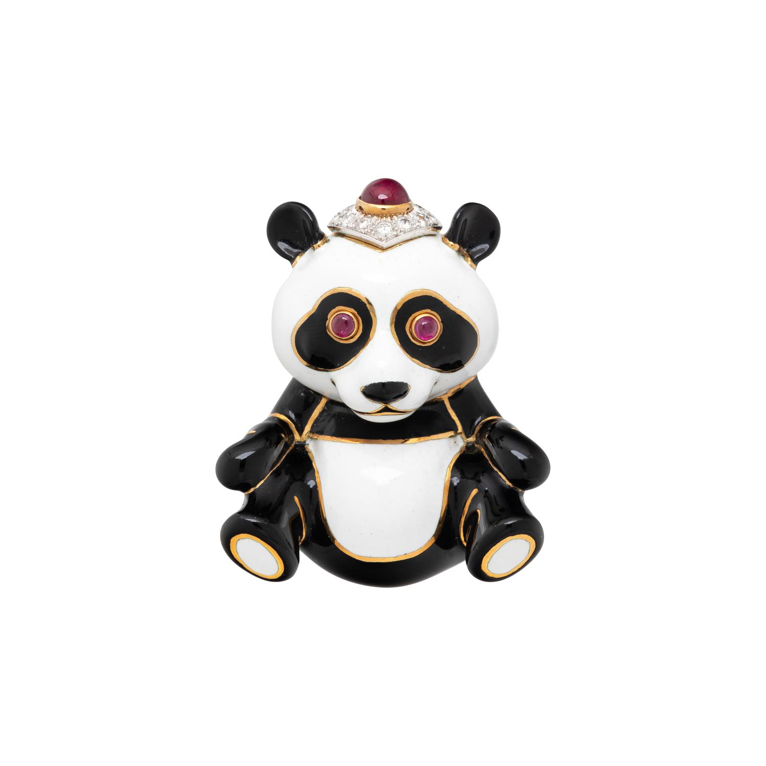 DAVID WEBB, ENAMEL AND RUBY PANDA BEAR BROOCH