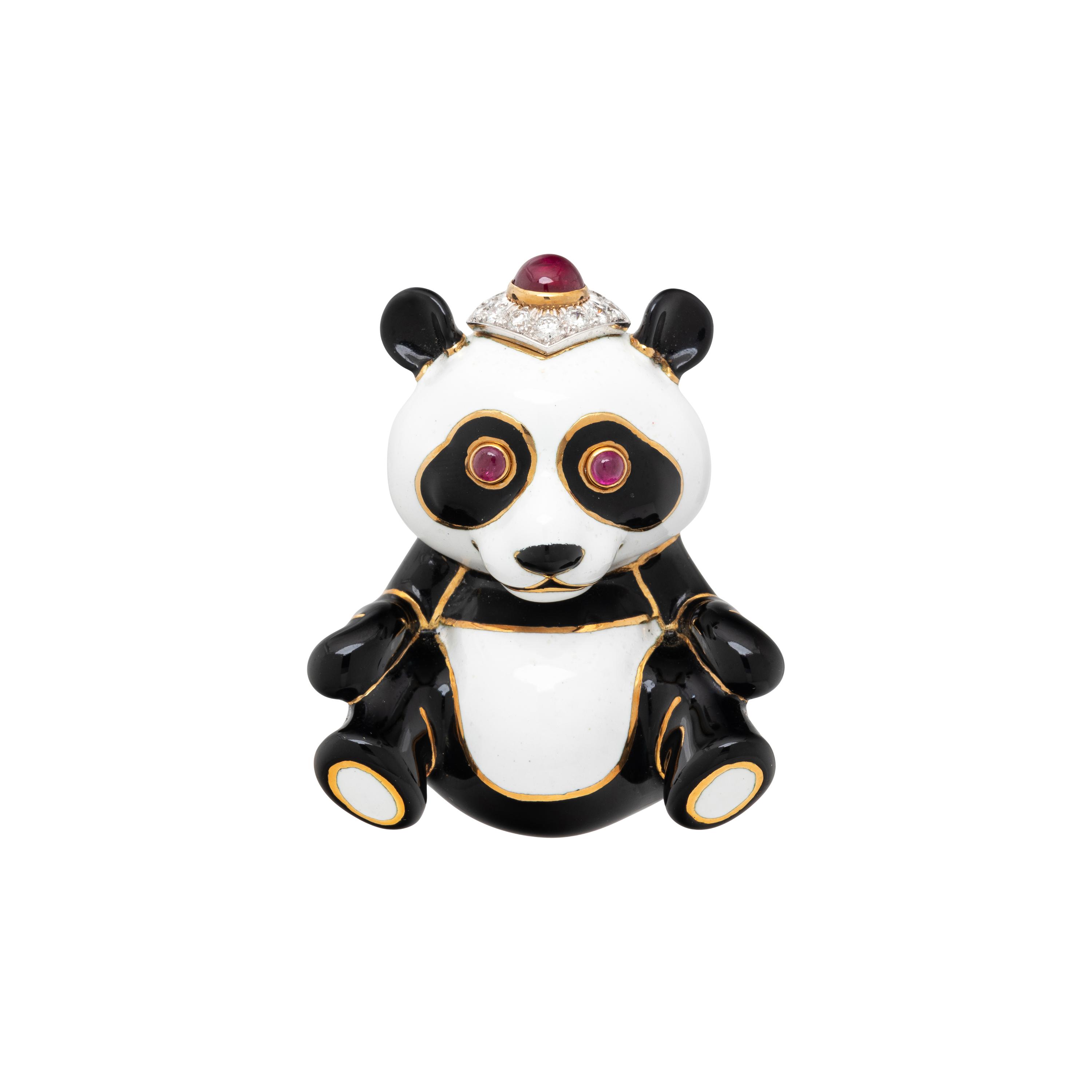 DAVID WEBB, ENAMEL AND RUBY PANDA BEAR BROOCH