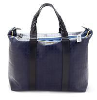 A Salvatore Ferragamo Navy Logo Embossed Leather Tote Bag, 11"H x 15"W x 7.25"D; Strap drop: 8".