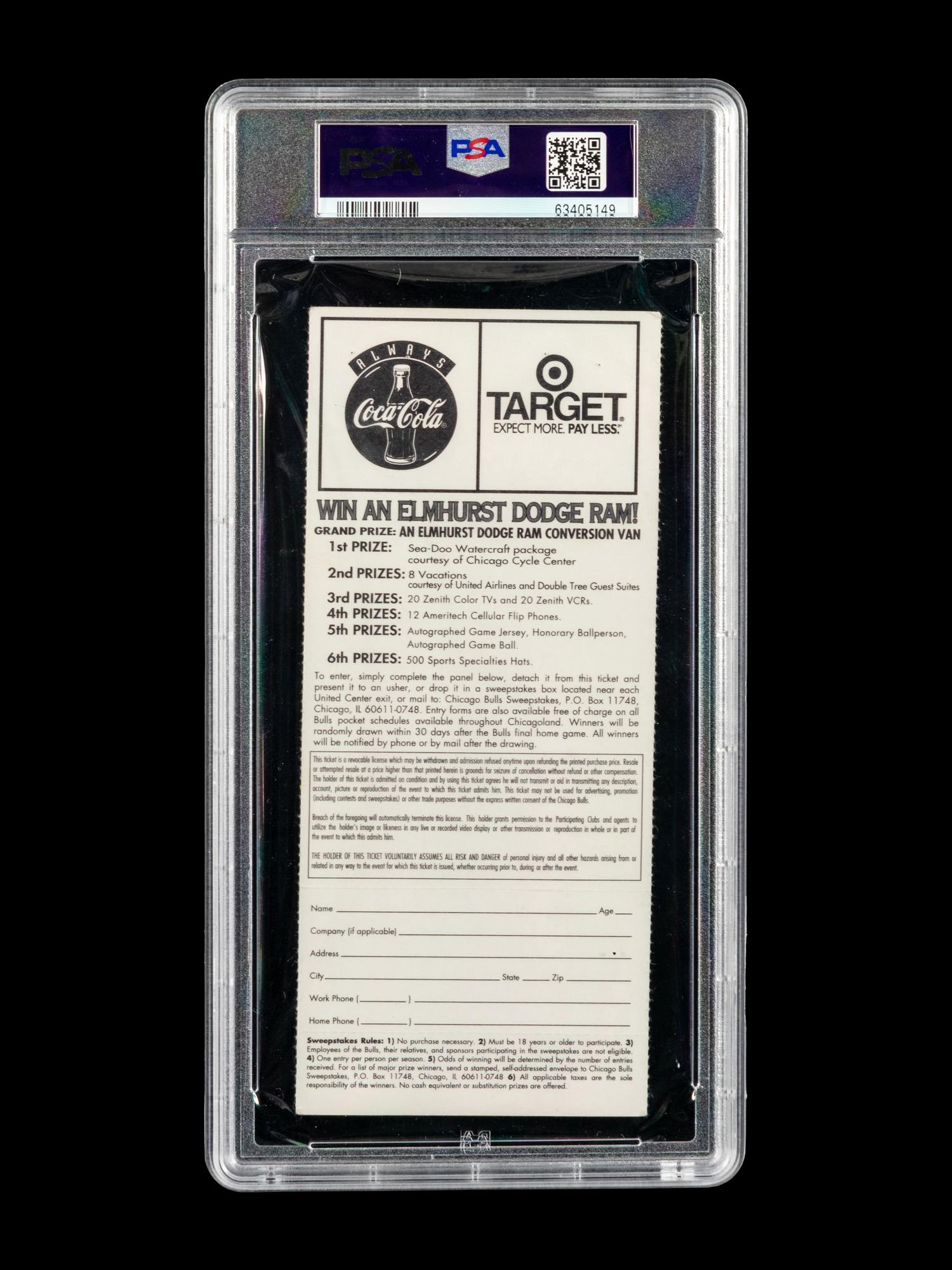 An Exceptionally Rare December 17, 1996 Chicago Bulls vs. Los Angeles Lakers Full Ticket From The First Game Between Michael Jordan and Kobe Bryant (PSA Population of Four),