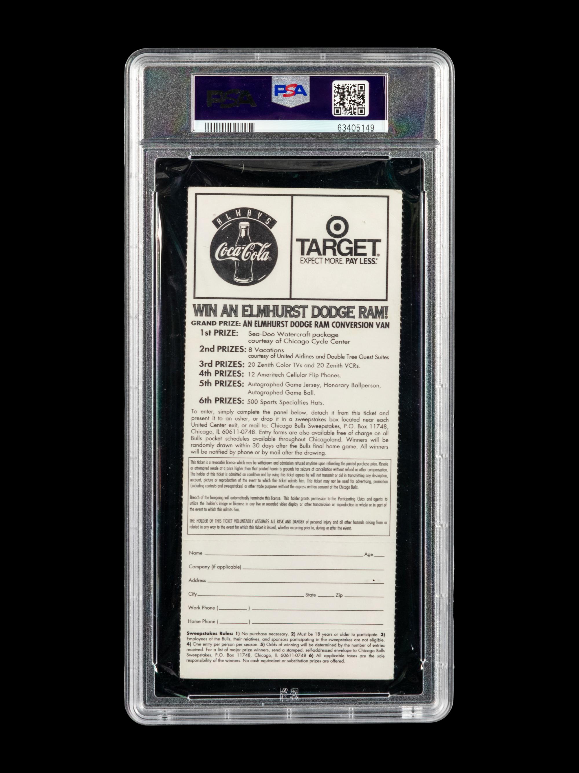 An Exceptionally Rare December 17, 1996 Chicago Bulls vs. Los Angeles Lakers Full Ticket From The First Game Between Michael Jordan and Kobe Bryant (PSA Population of Four),