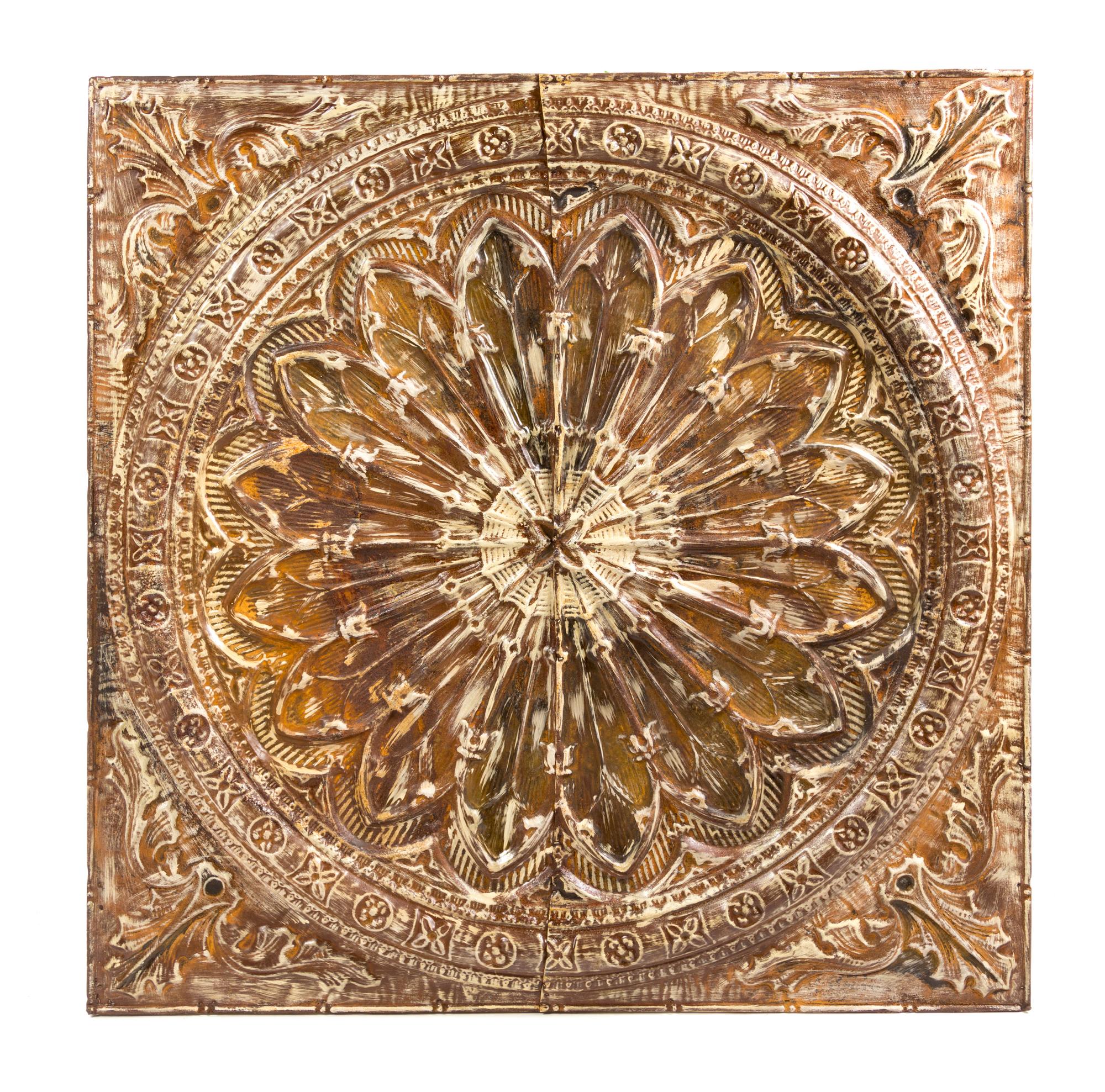 A Large Painted Pressed Metal Ceiling Medallion 48 x 48 inches. — 20TH CENTURY WITH LATER PAINT