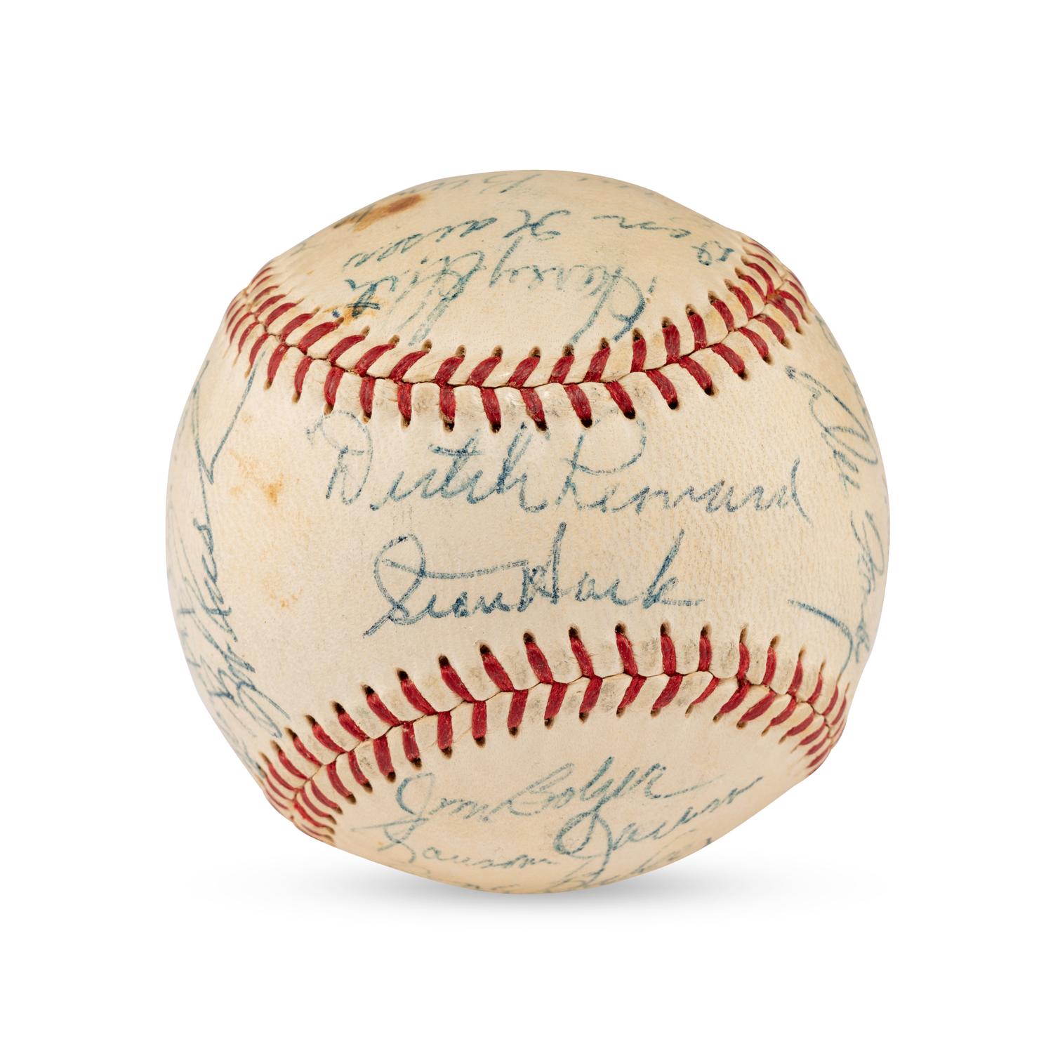 A 1955 Chicago Cubs Team Signed Autograph Baseball Including Early Career Ernie Banks Signature