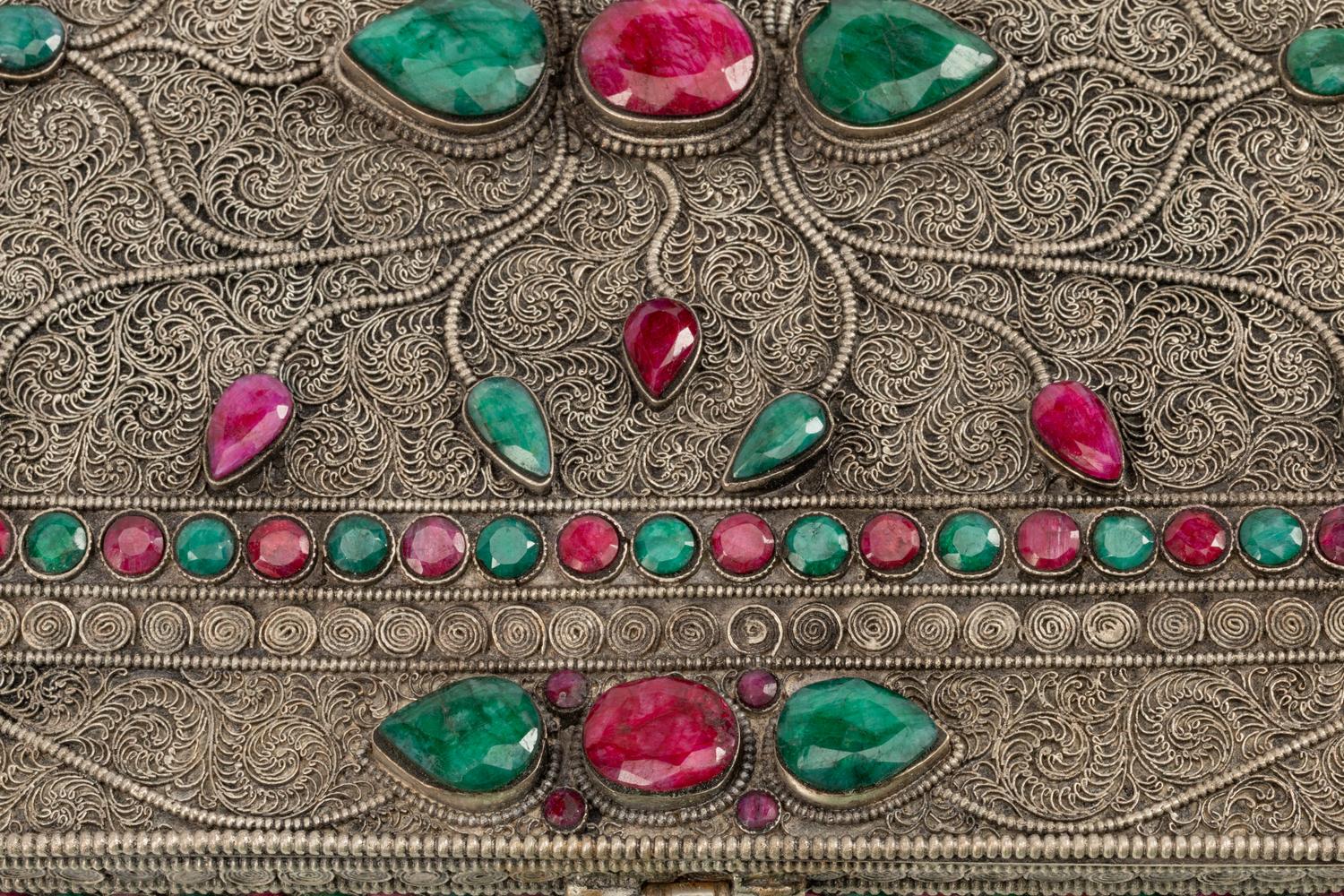 A Ruby and Emerald-Encrusted Silvered Metal Filigree Casket