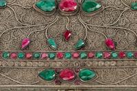 A Ruby and Emerald-Encrusted Silvered Metal Filigree Casket