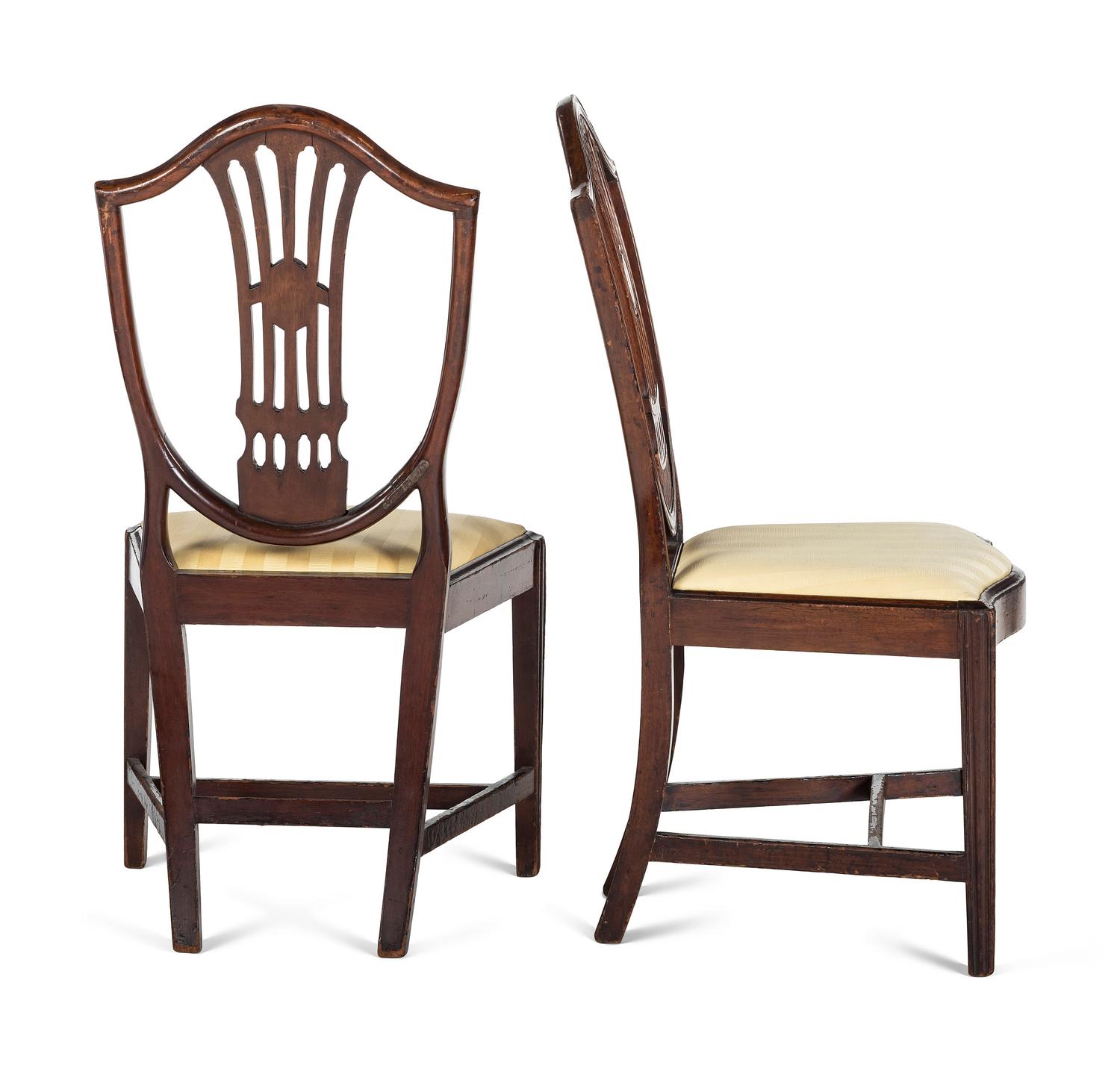 A Pair of Federal Carved and Inlaid Shield-Back Serpentine Front Side Chairs
