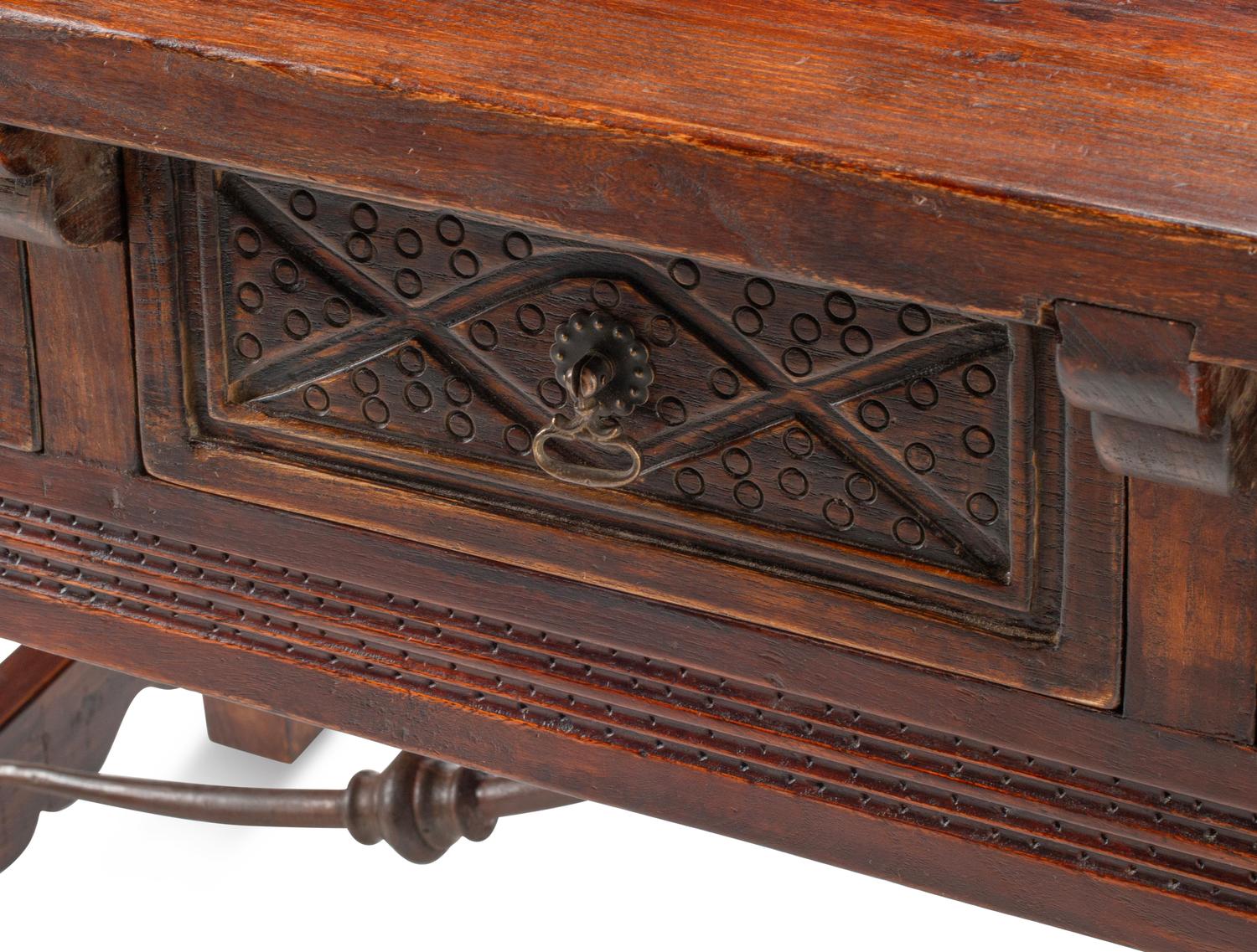 A Spanish Iron-Mounted Walnut Trestle Table