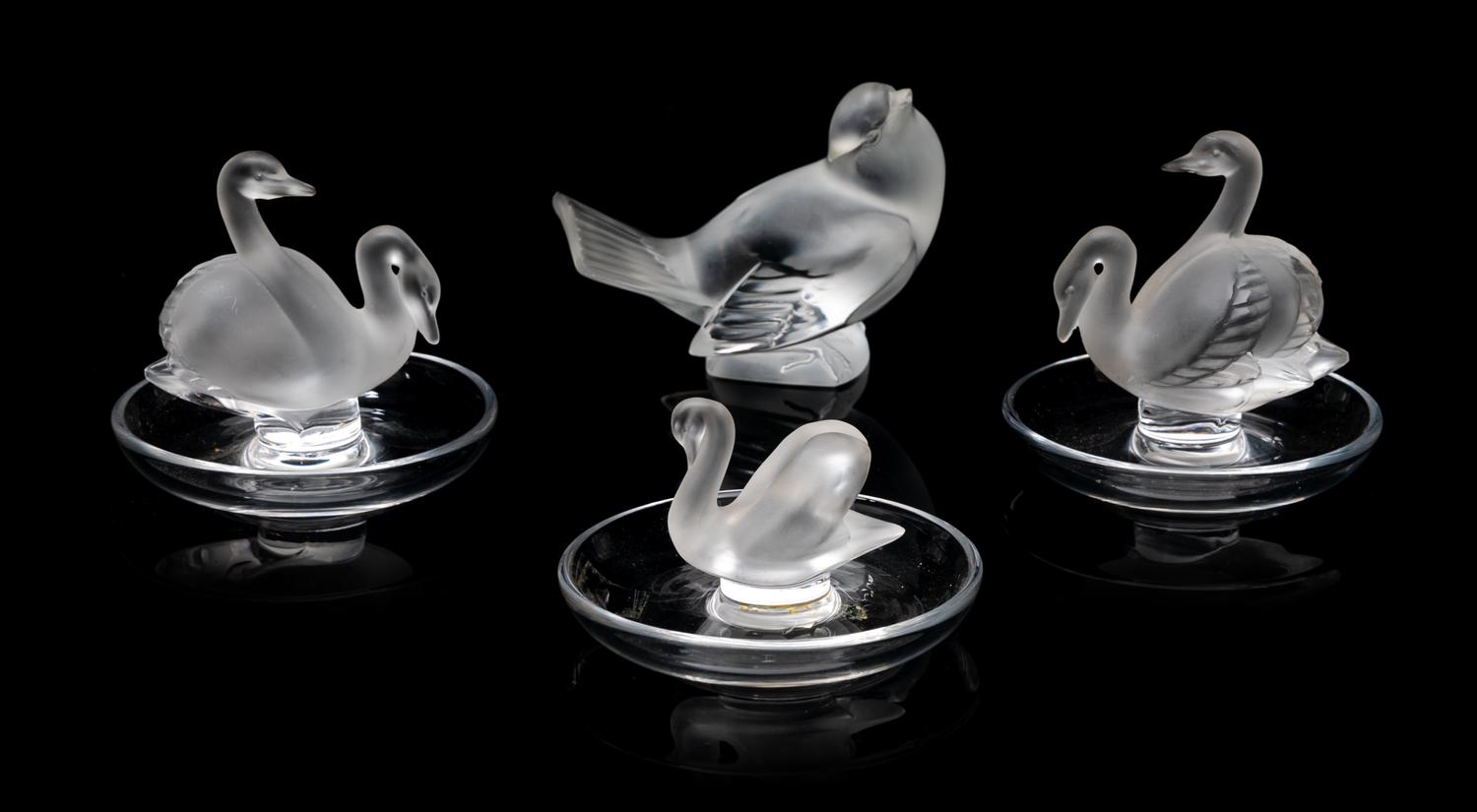 Four Lalique Bird Figures Height of tallest 3 1/4 inches