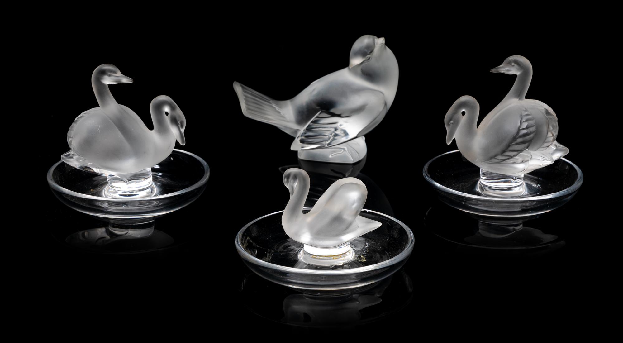 Four Lalique Bird Figures Height of tallest 3 1/4 inches