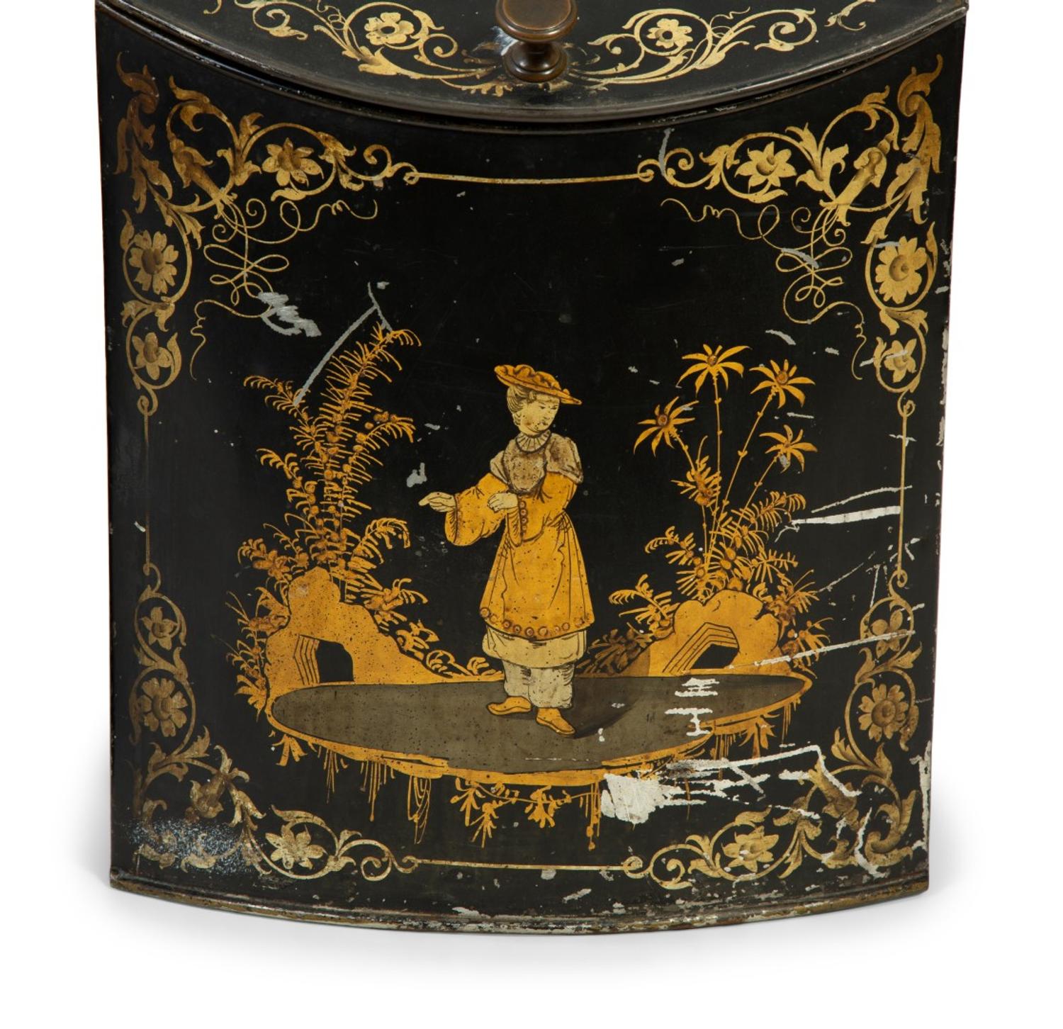 A Pair of English Black and Gilt Chinoiserie Decorated Tole Tea Canisters