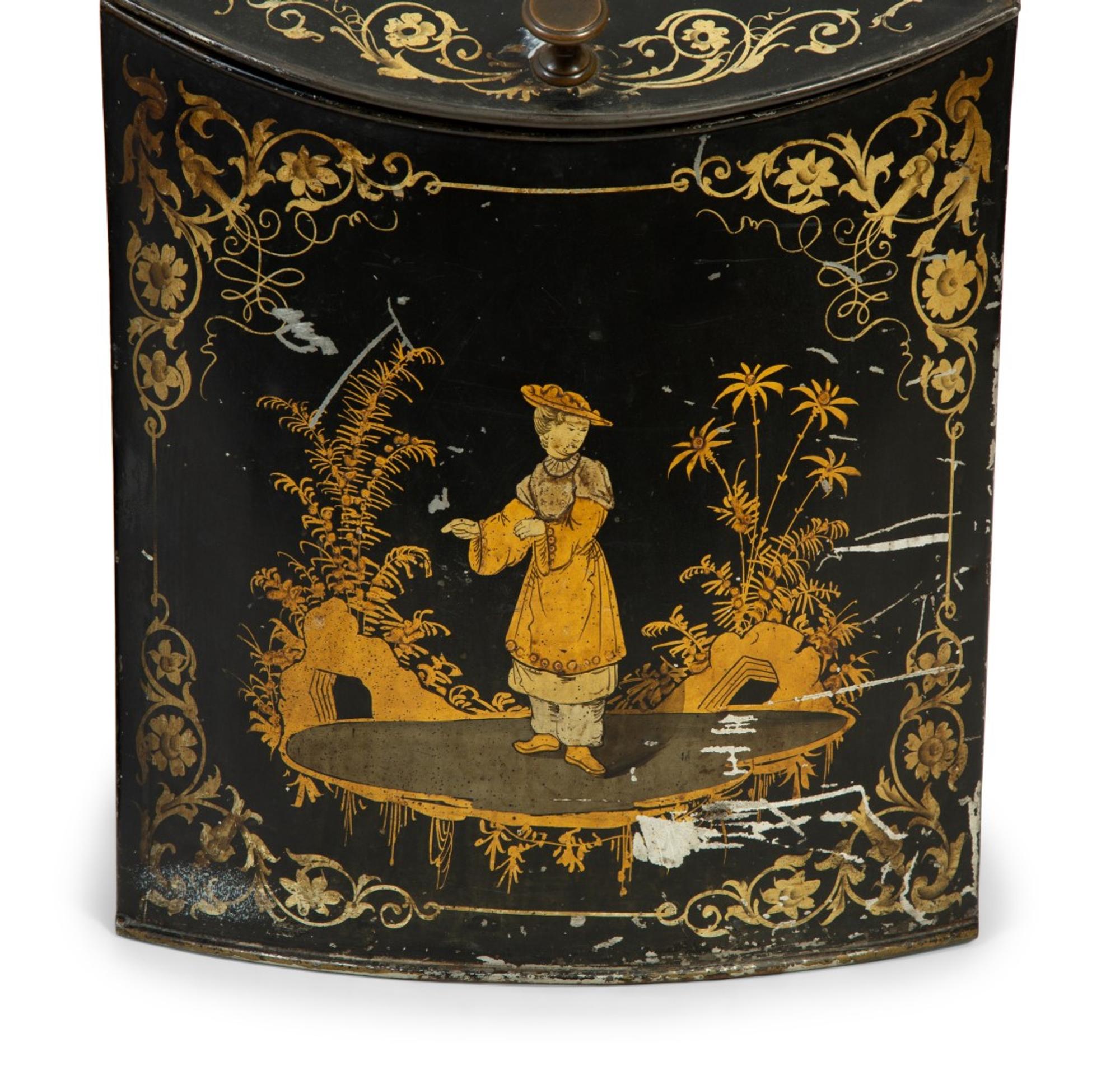 A Pair of English Black and Gilt Chinoiserie Decorated Tole Tea Canisters