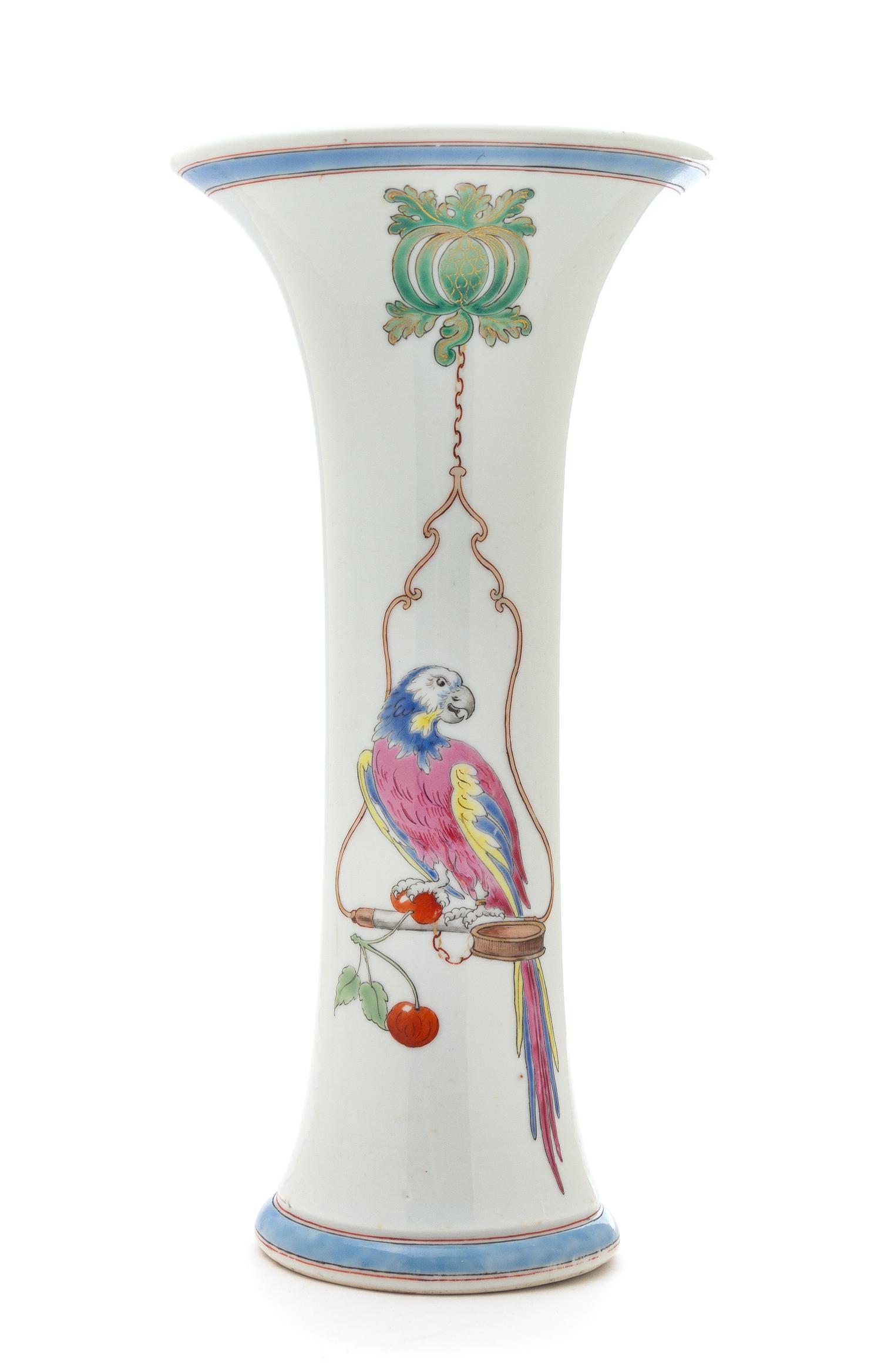 A Chinese Export Famille Rose 'Perching Parrot' Beaker Vase