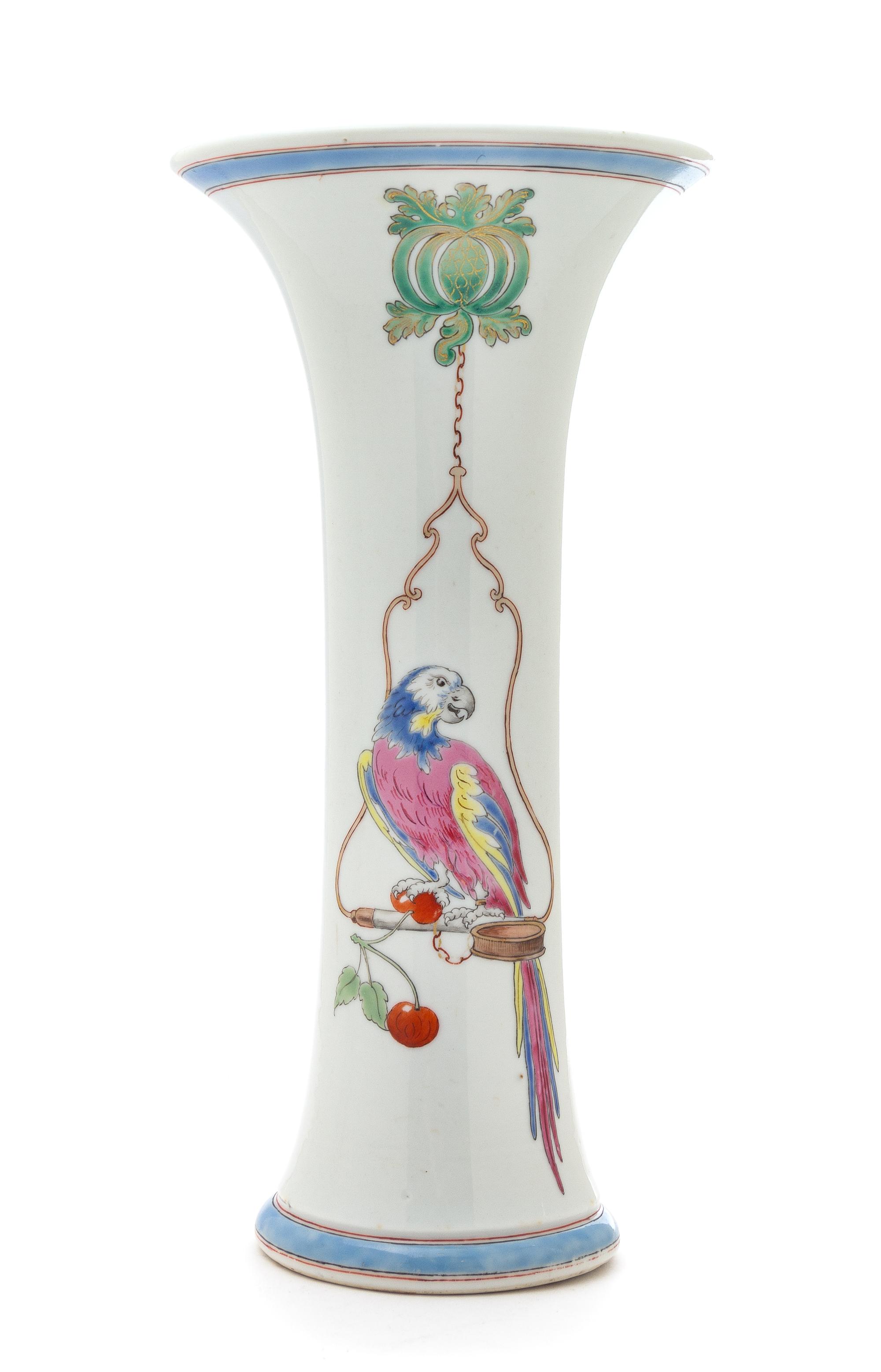 A Chinese Export Famille Rose 'Perching Parrot' Beaker Vase