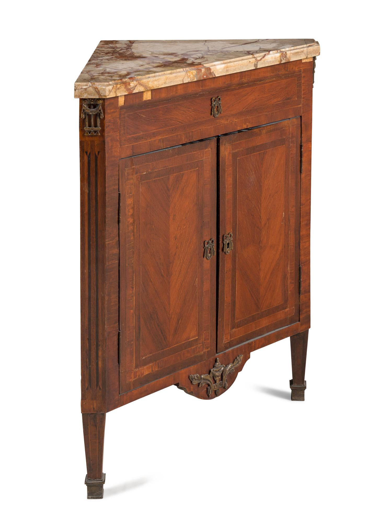 A Pair of Louis XVI Gilt Bronze Mounted Marble-Top Corner Cabinets