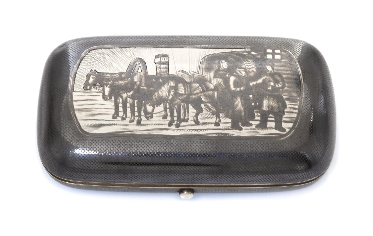 A Russian Niello Silver Cigarette Case, Maker's mark Cyrillic DP, assay mark of B. Savinsky, Moscow, 1873, the lid decorated with a sce