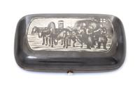 A Russian Niello Silver Cigarette Case, Maker's mark Cyrillic DP, assay mark of B. Savinsky, Moscow, 1873, the lid decorated with a sce