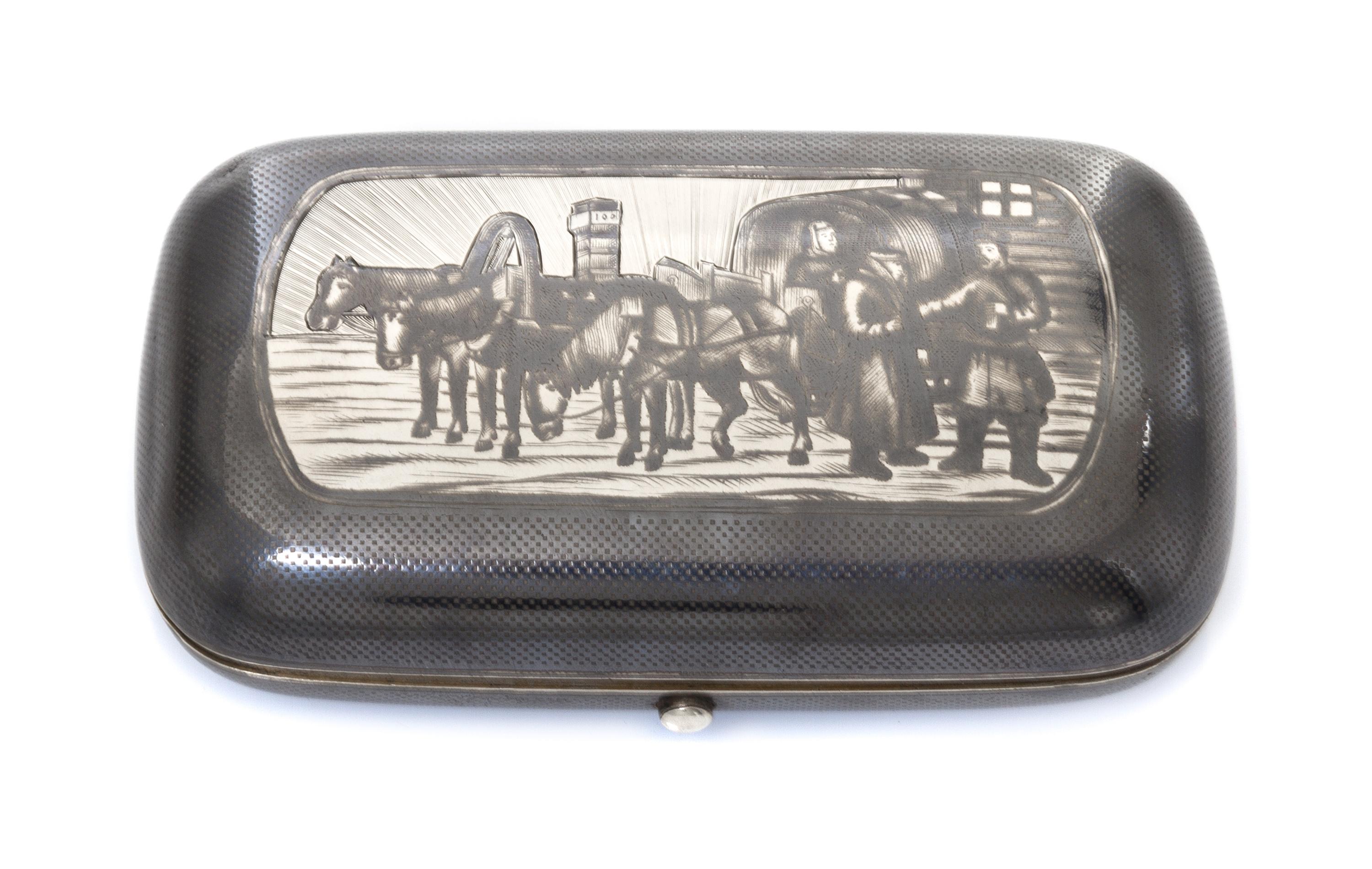 A Russian Niello Silver Cigarette Case, Maker's mark Cyrillic DP, assay mark of B. Savinsky, Moscow, 1873, the lid decorated with a sce
