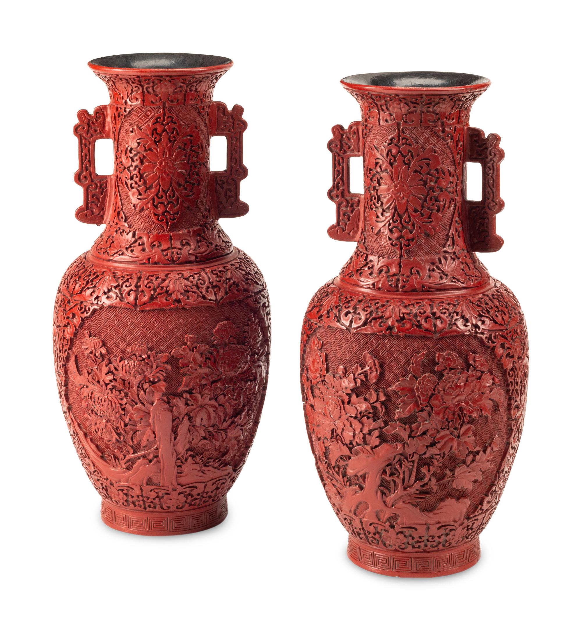 A Pair of Chinese Carved Red Lacquer Vases