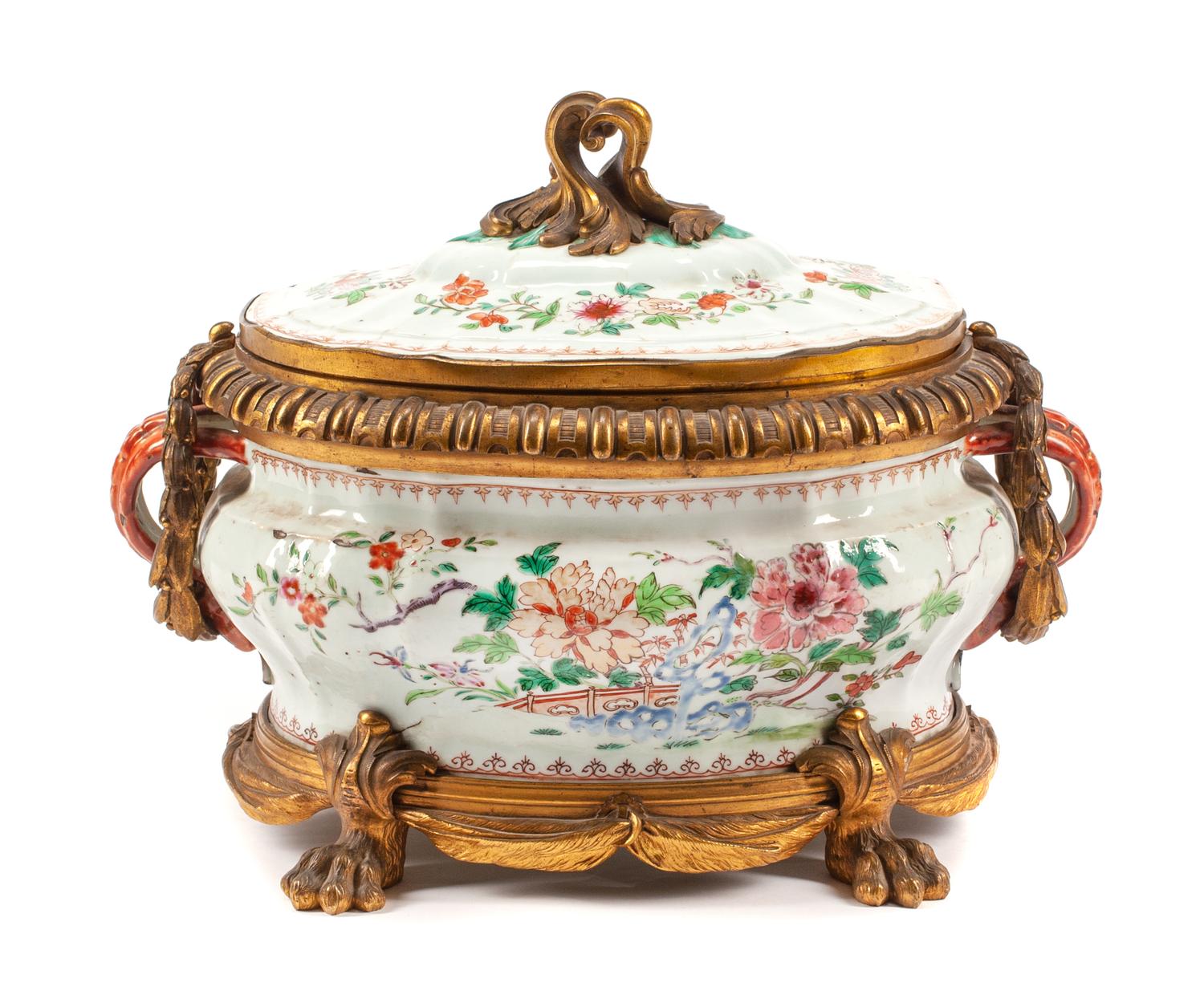 A Chinese Export Bronze Mounted Porcelain Tureen Height 13 x width 17 1/2 x depth 11 inches.