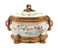 A Chinese Export Bronze Mounted Porcelain Tureen Height 13 x width 17 1/2 x depth 11 inches.