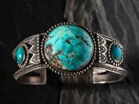 Navajo Stamped Silver and Turquoise Cuff Bracelet
