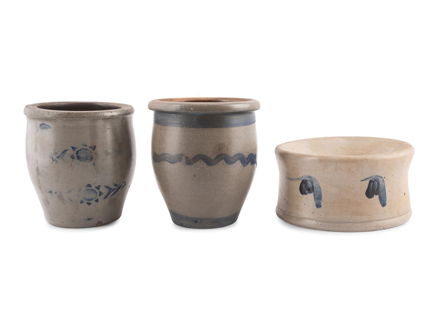 Two Cobalt-Decorated Stoneware Jars and a Spittoon