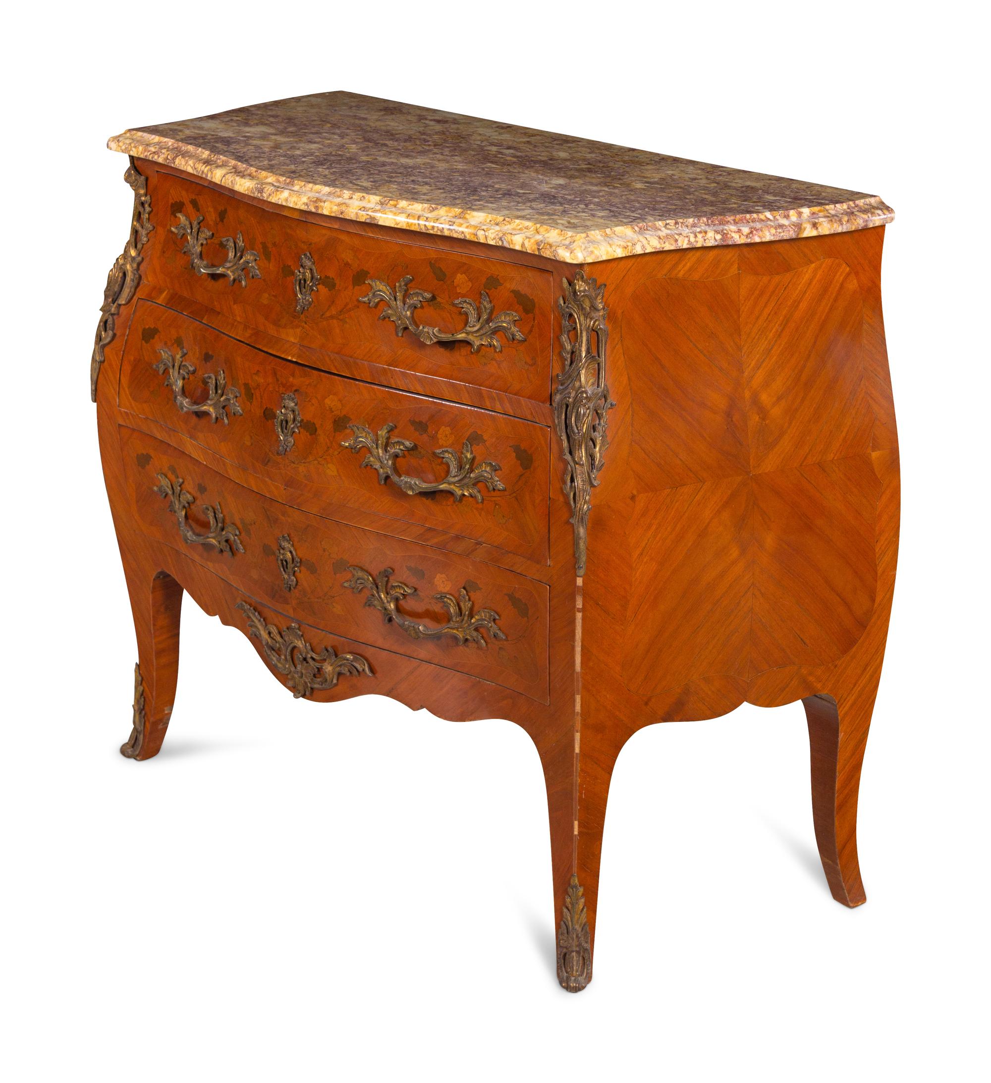 A Louis XV Style Gilt Bronze Mounted Marquetry Marble-Top Commode