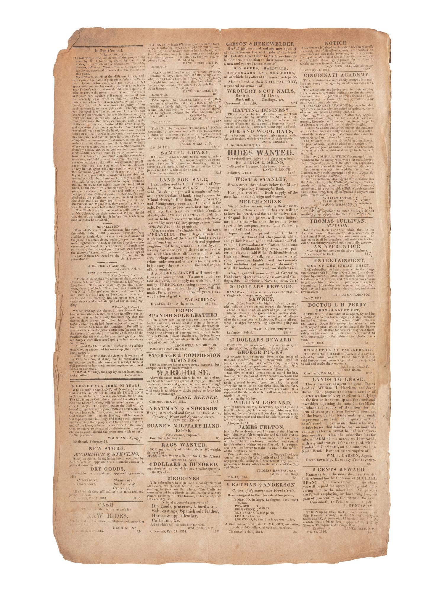 [NATIVE AMERICANS]. Liberty Hall with newspaper accounts of the Creek War and the War of 1812.