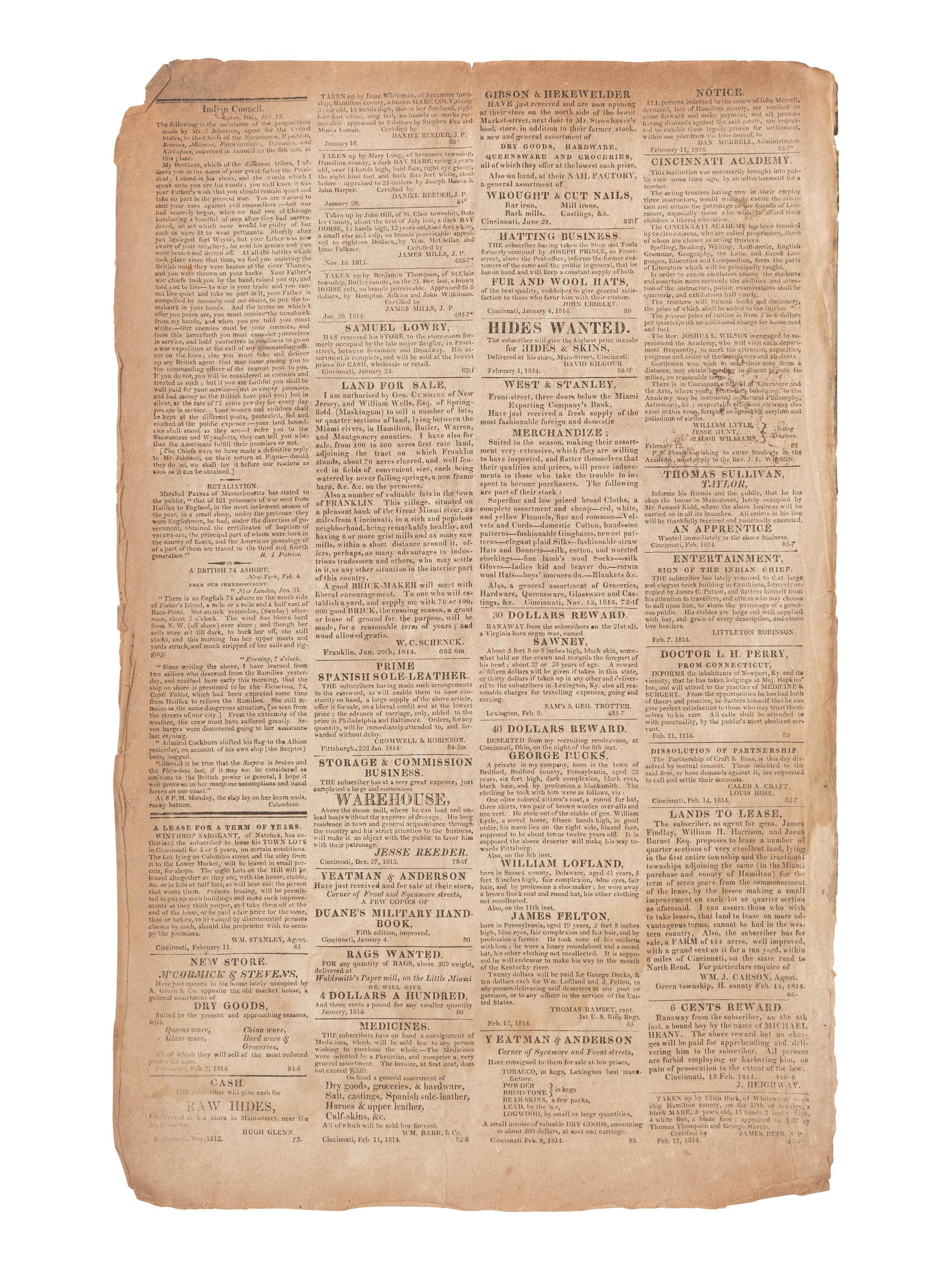 [NATIVE AMERICANS]. Liberty Hall with newspaper accounts of the Creek War and the War of 1812.