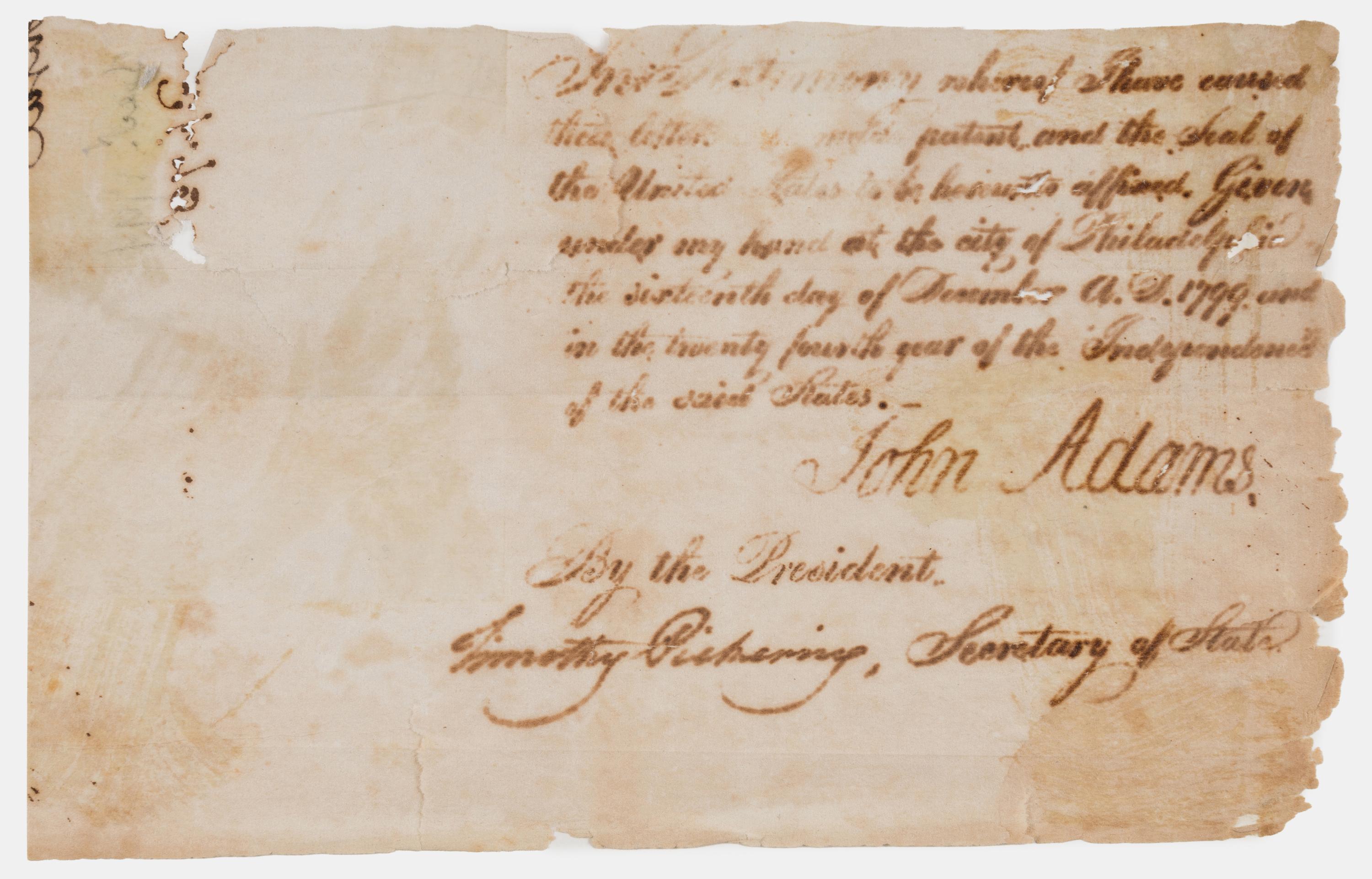 Adams, John (1735-1826). Partial autograph note signed ("John Adams"), Philadelphia, 16 December 1799.