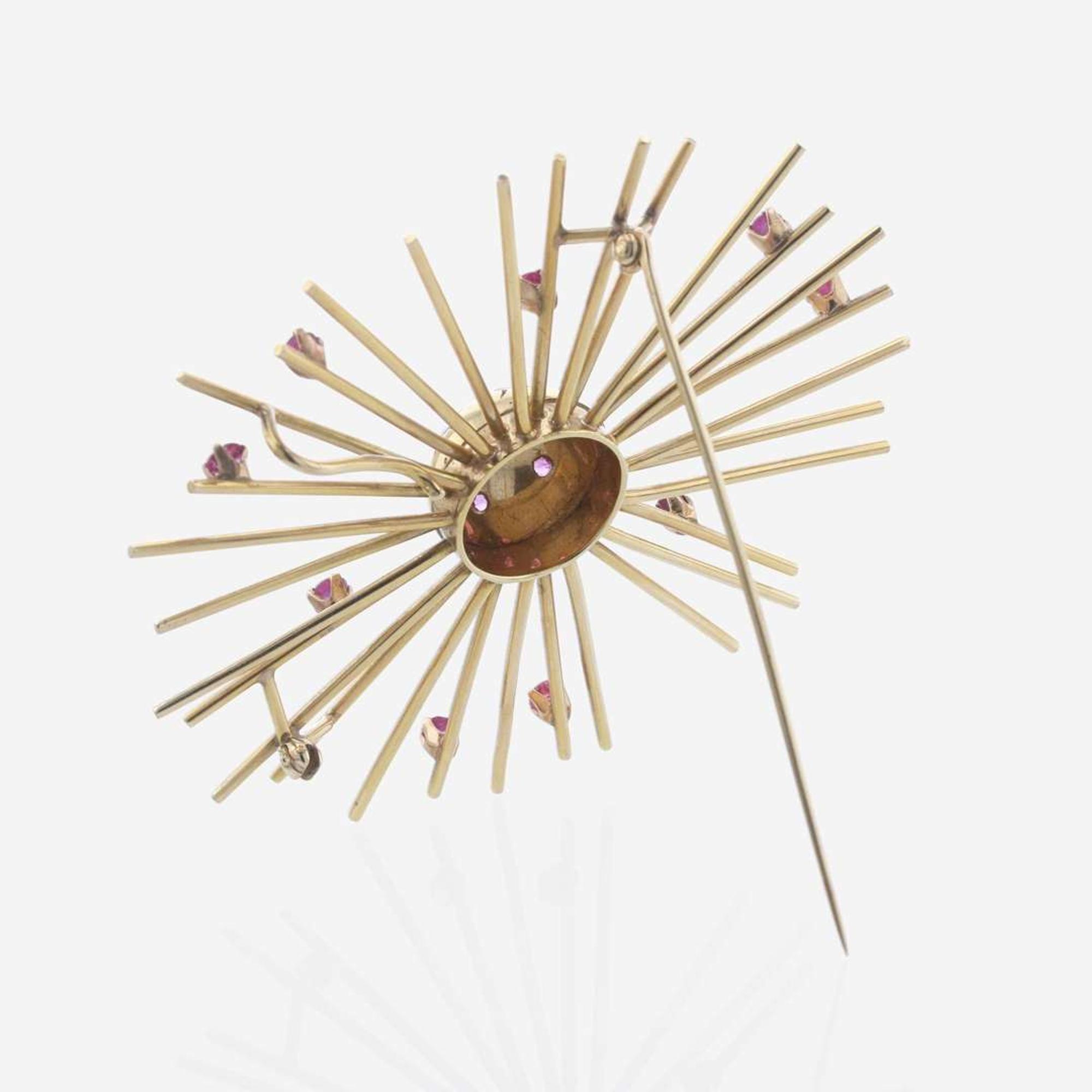 A Retro Ruby, Diamond, and 14K Yellow Gold Brooch