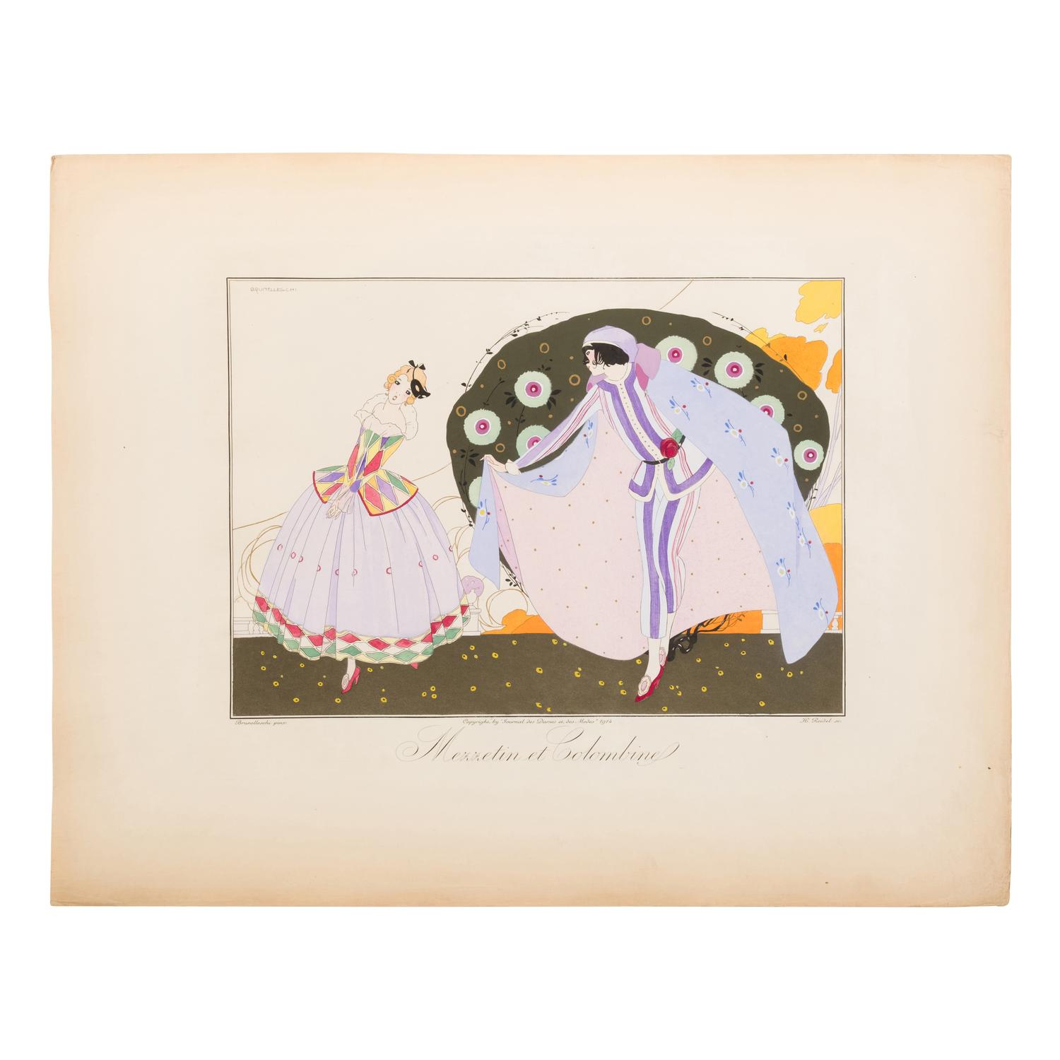 Brunelleschi, Umberto (1879-1949), illustrator. -- Régnier, Marie de ("Gerard de Houville") (1875-1963). Les Masques et les Personnages de la Comedie Italienne . Paris: Aux Bureaux du Journal des Dames et des Modes, 1914.