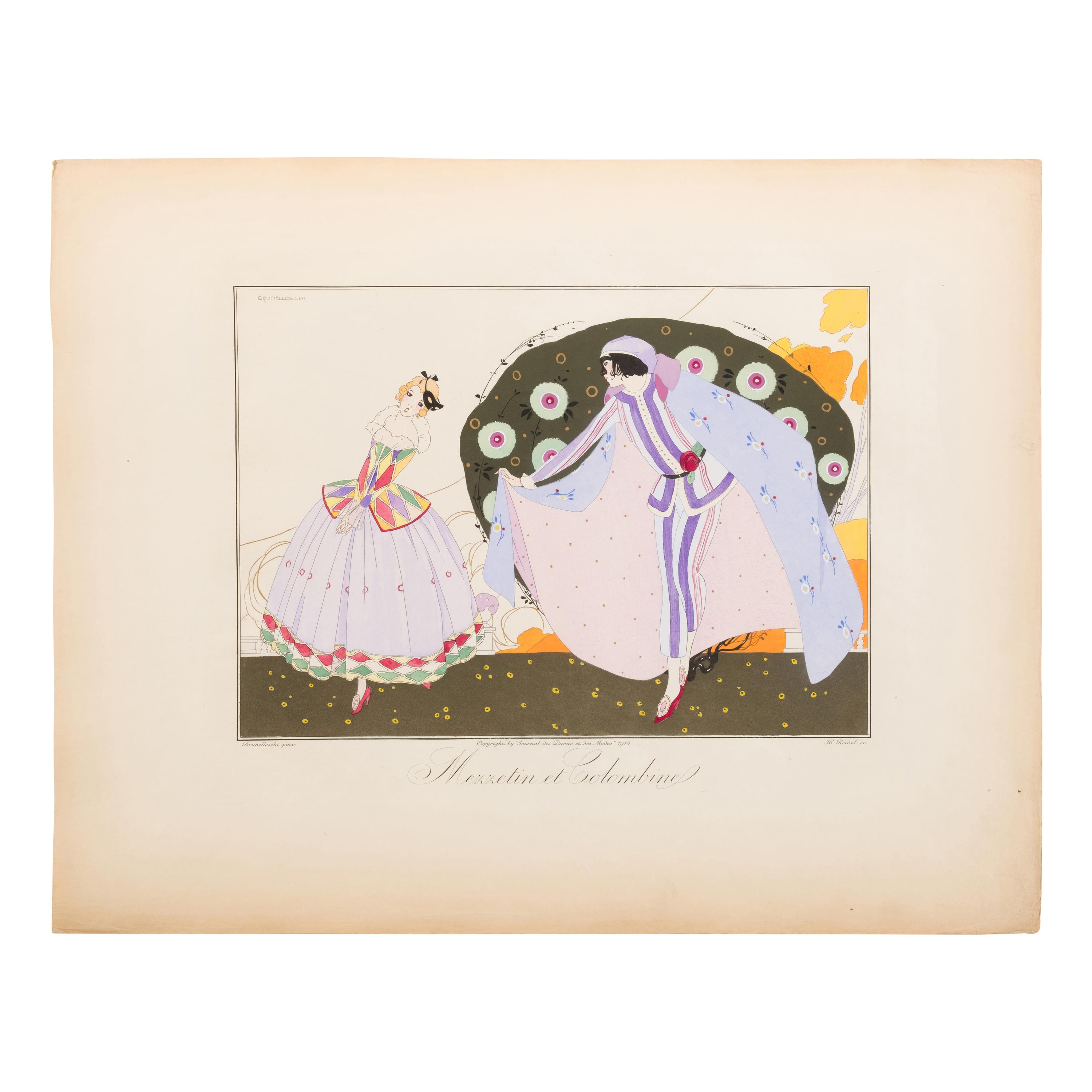 Brunelleschi, Umberto (1879-1949), illustrator. -- Régnier, Marie de ("Gerard de Houville") (1875-1963). Les Masques et les Personnages de la Comedie Italienne . Paris: Aux Bureaux du Journal des Dames et des Modes, 1914.