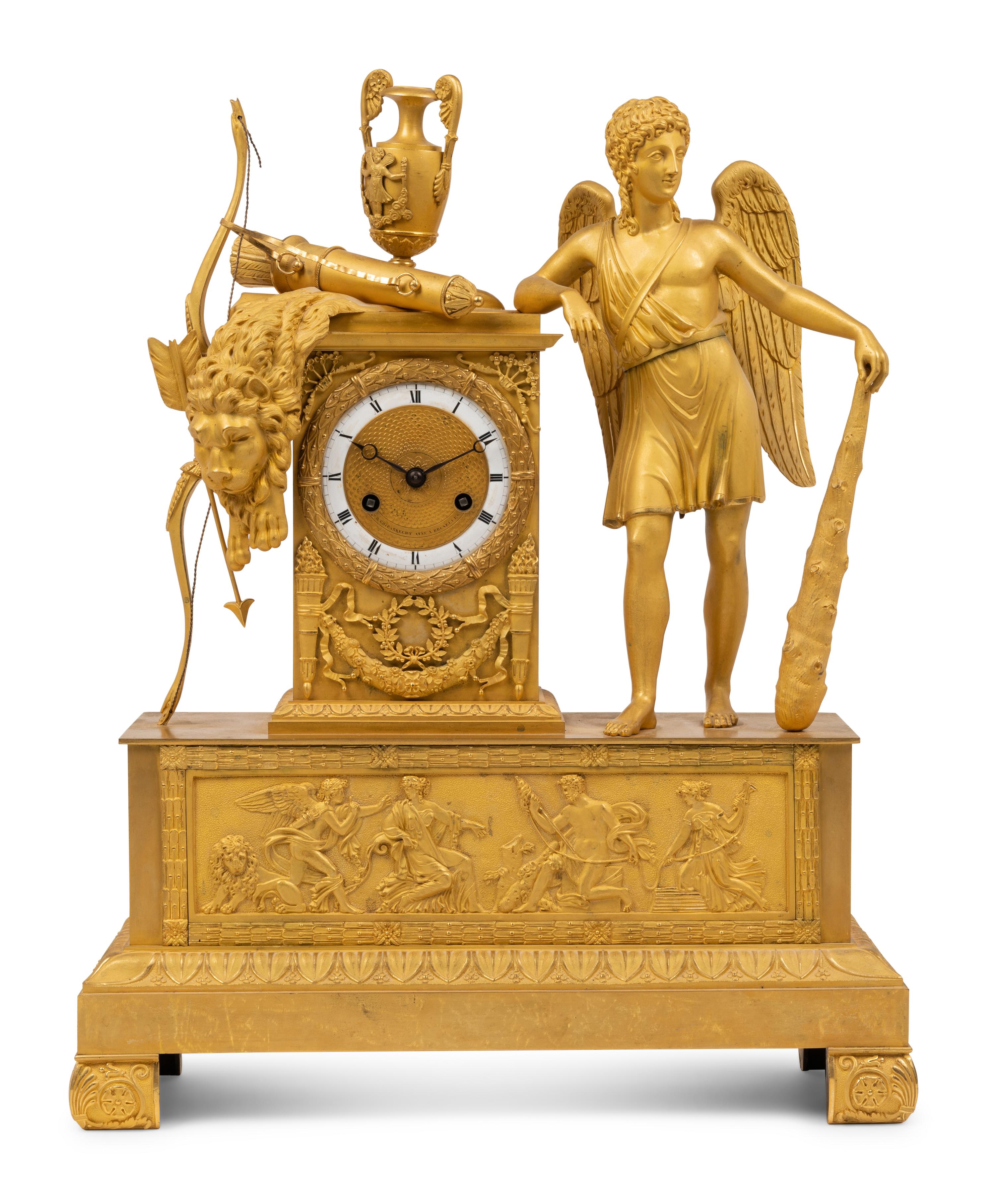 An Empire Gilt Bronze Figural Mantel Clock
