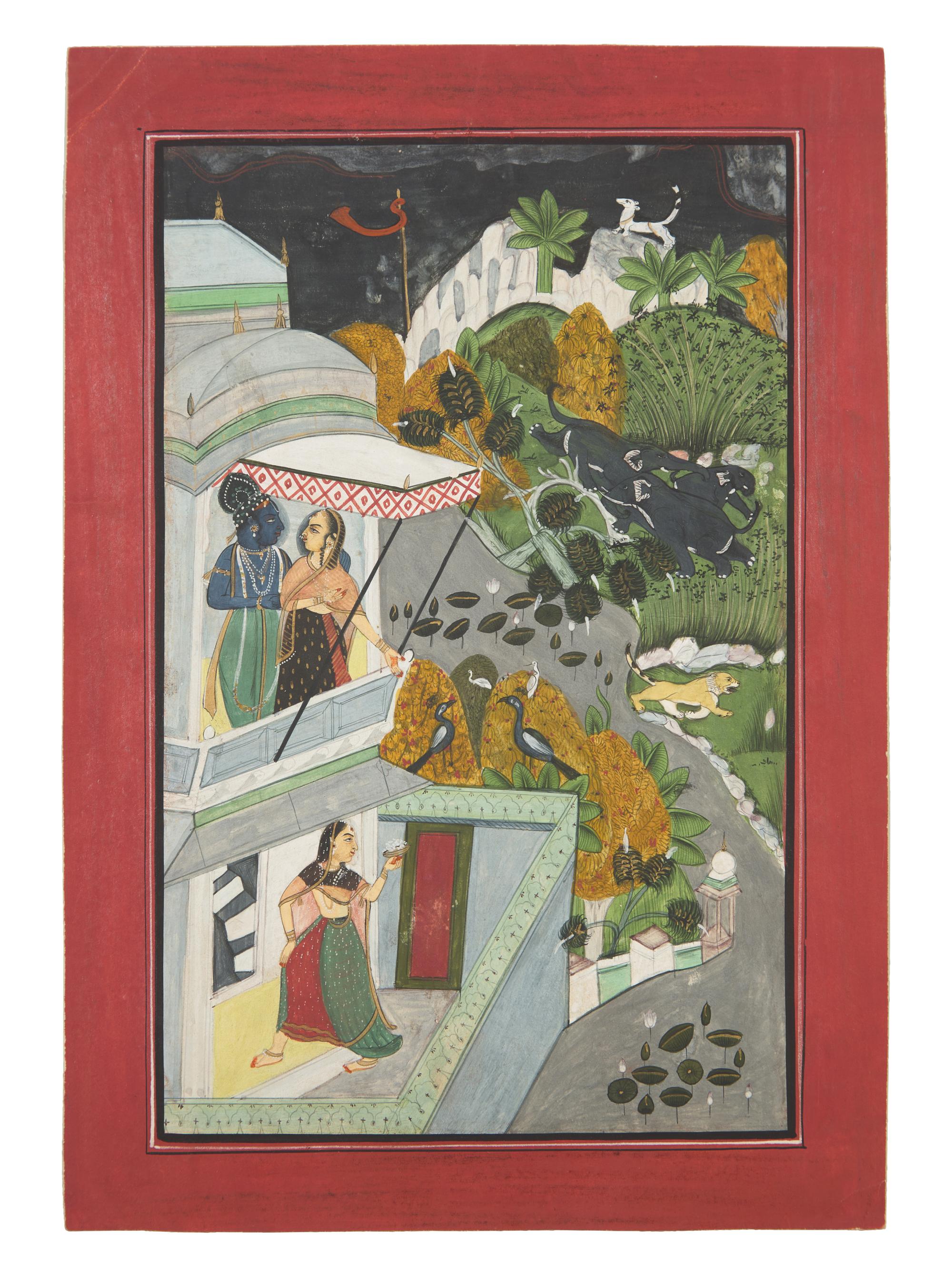 A Painting of Radha and Krishna Standing on a Projecting Balcony and A Painting of Radha and Krishna Seated Under a Dome, Probably Udaipur or Jaipur, India, 20th Century
