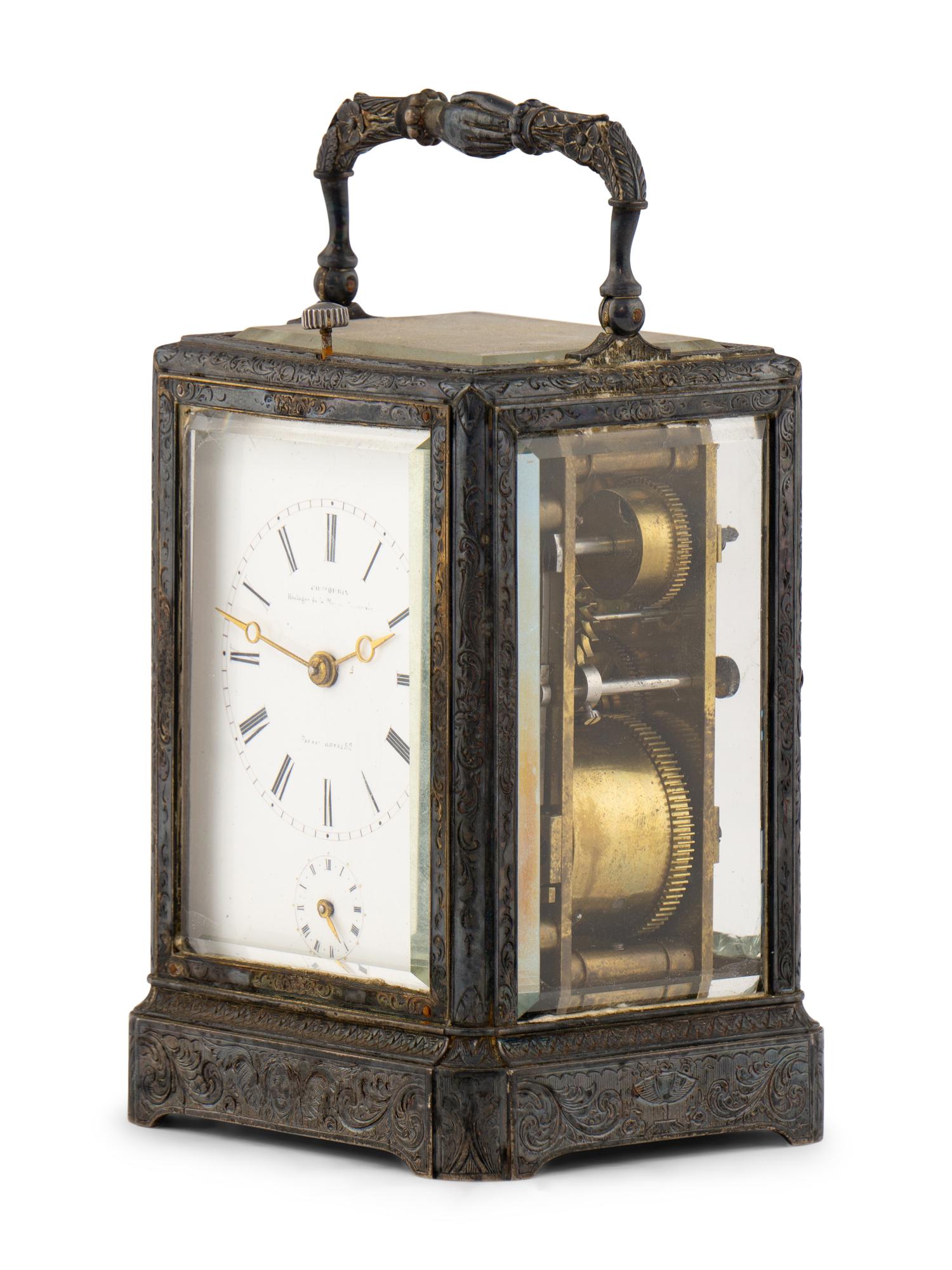 A French Silvered Bronze Repeating Carriage Clock